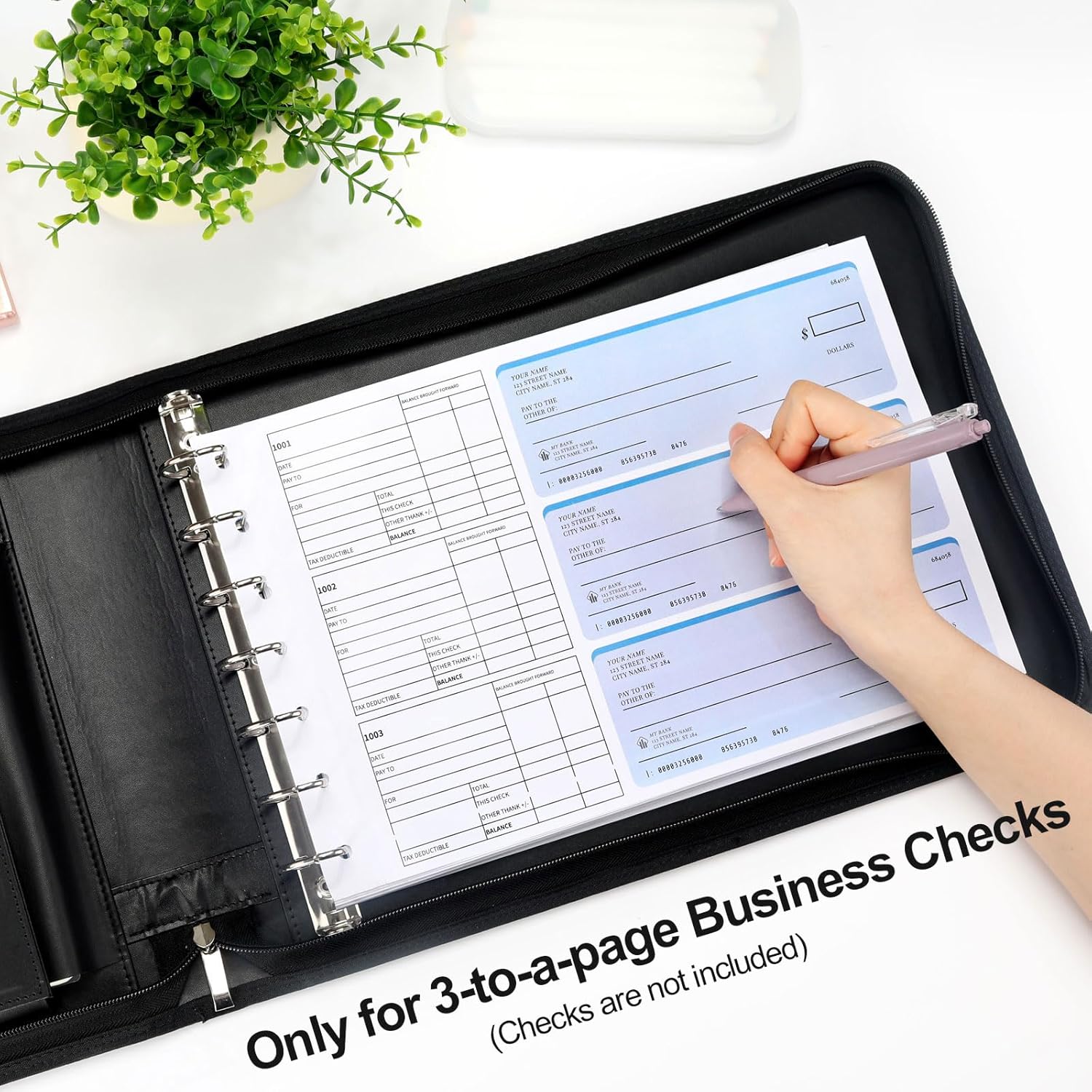SUNEE Zippered Business Checkbook Binder 7 Ring 1 Inch with Zipper for Business Checks (9" x 13"), PU Leather Check Binder Holds 600 Checks Capacity for Executive Supplies, Black