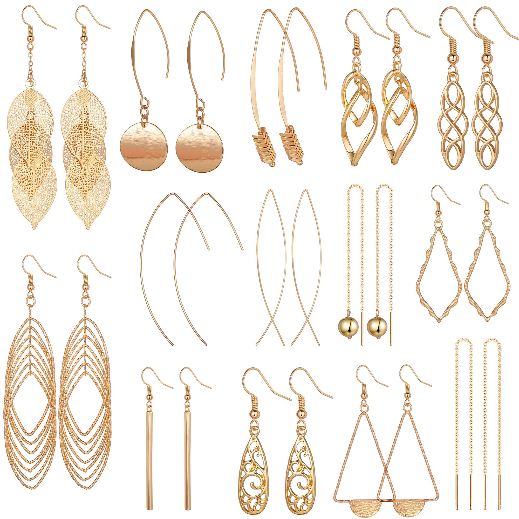 Aganippe 13/14 Pairs Gold Dangle Earrings for Women- Simple Drop Earrings Multipack-Curved Threader Dangle Earrings Set-Upside Down Hoop Earrings- Leaf Earrings