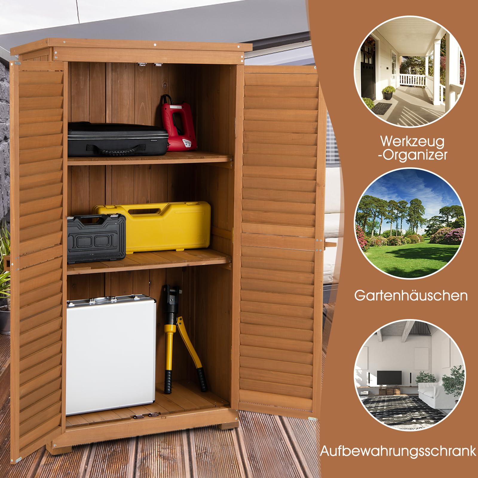 COSTWAY Gartenschrank Holz, Gerätehaus wetterfest, Geräteschuppen mit 3 herausnehmbaren Regalen, Werkzeugschrank Holzschuppen Garten Schuppen, Gartenschuppen Geräteschrank, 82x42x160cm