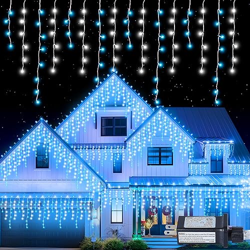 Miniatura 8 de Luces LED de carámbanos, 300 LED, 33 pies, 8 modos, cortina de luz de hadas con 50 gotas, cadena LED de alambre transparente para Navidad, Acción de