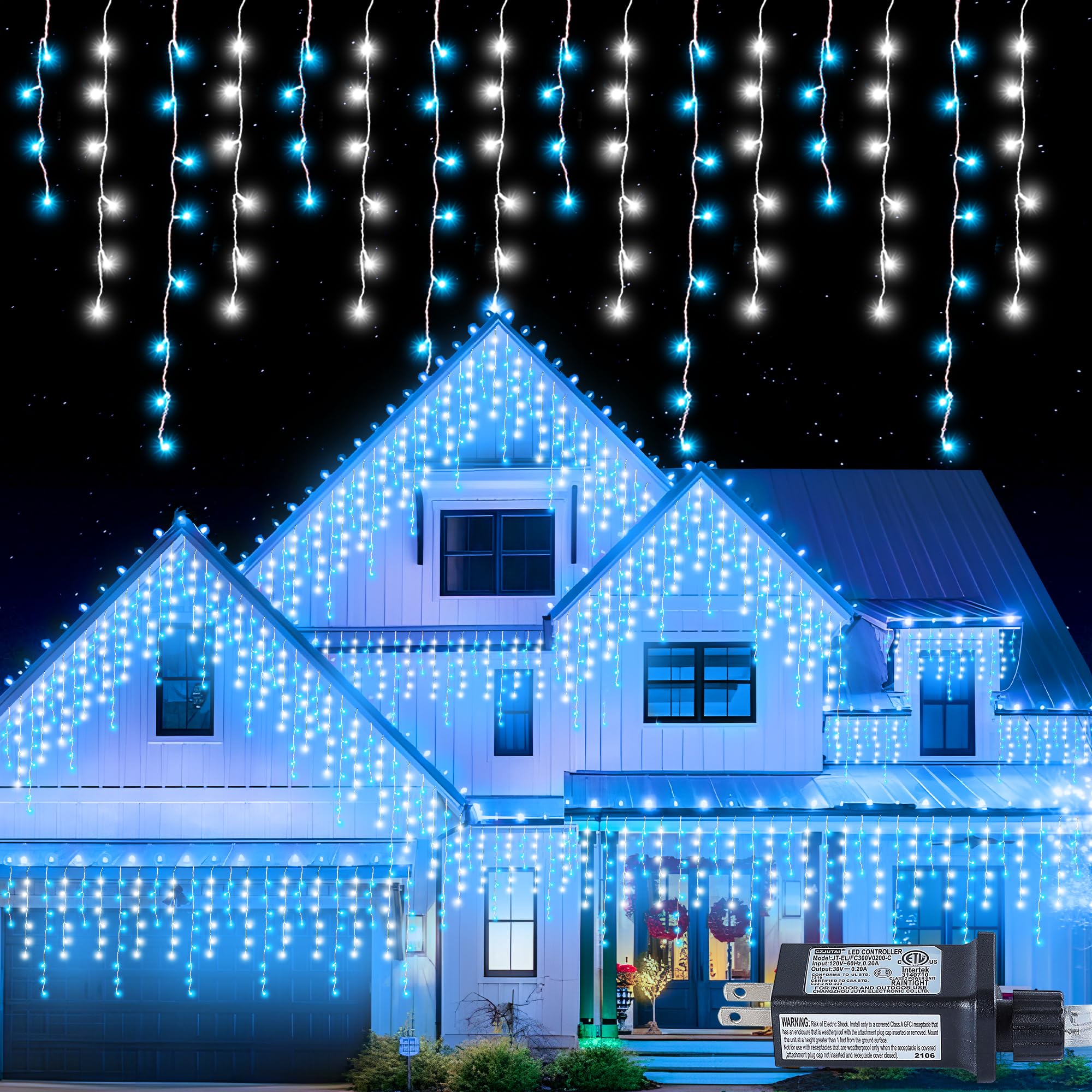 Qunlight 300L LED Icicle Lights, Blue+White Window Curtain Lights