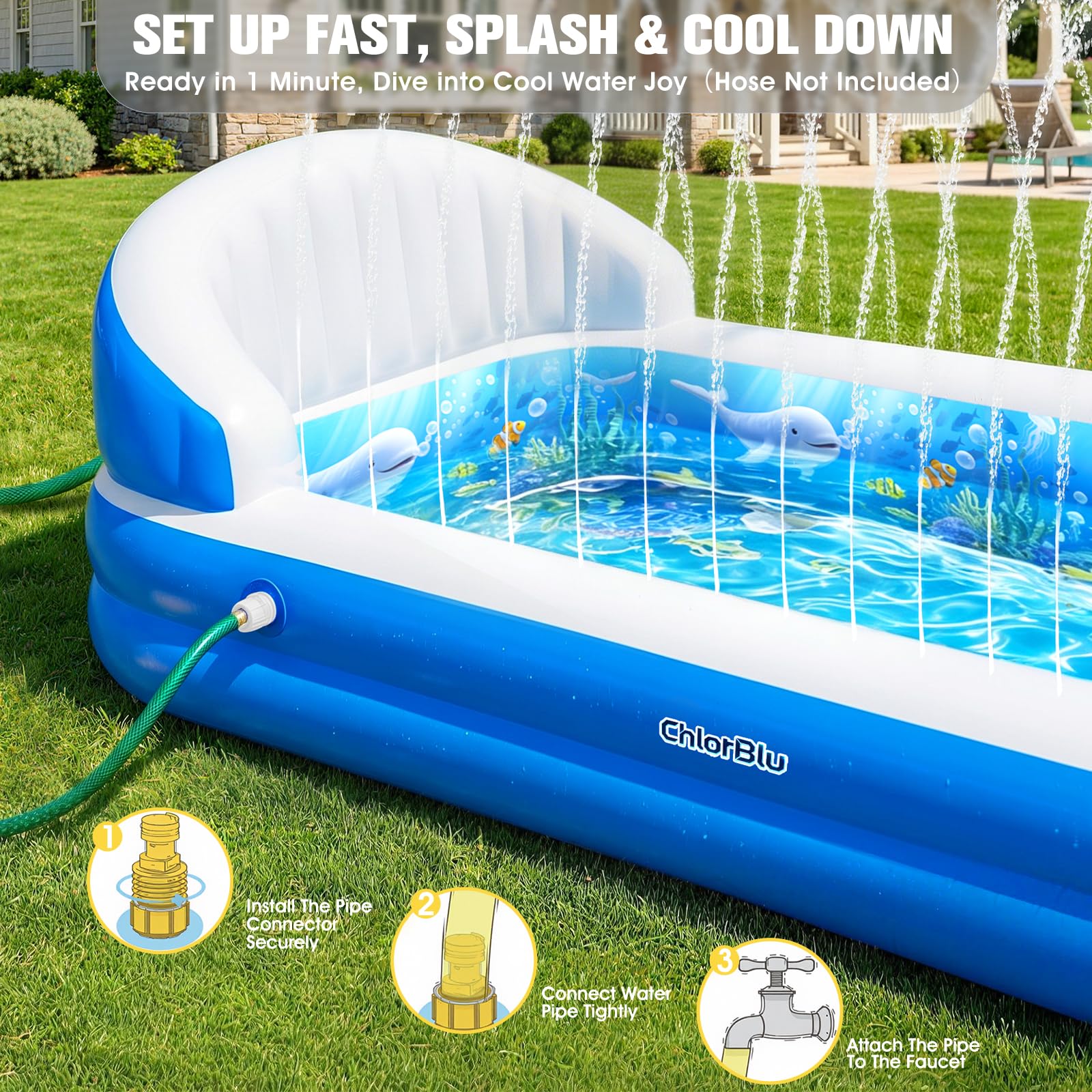 ChlorBlu Piscina Hinchable con Rociador, Piscina Inflable Adultos, Piscina Hinchable Rectangular para Adultos, Piscinas Hinchables, Piscina Hinchable Familiar Reforzada para Exteriores