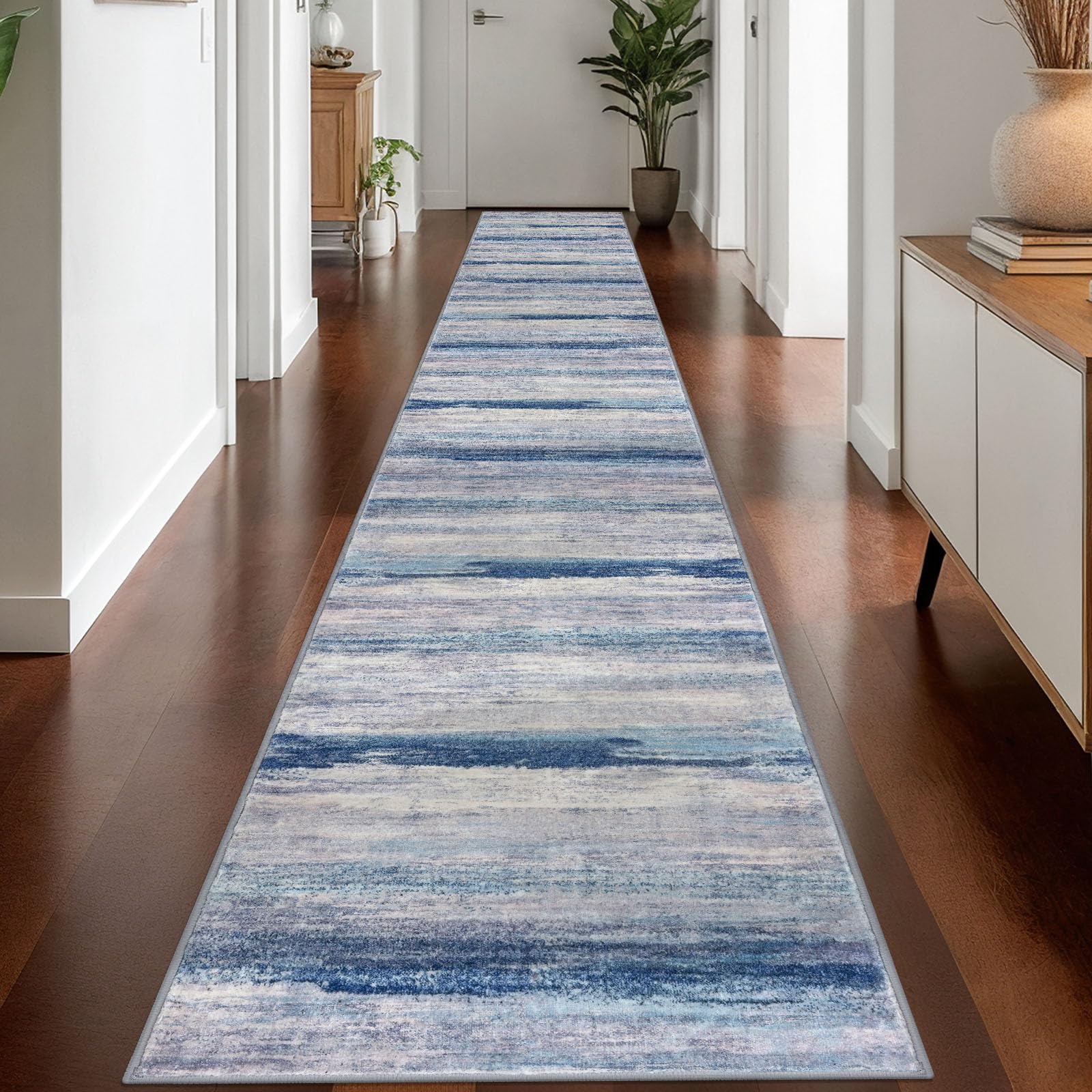 KOZYFLY Modern Abstract Washable Long Rug Runner 2.6x18 Hallway Rug Runner Non-Slip Soft Stair Runners, Blue/Grey/Beige Striped 18 feet Runner Rug for Kitchen Entryway Bathroom Foyer — image 1