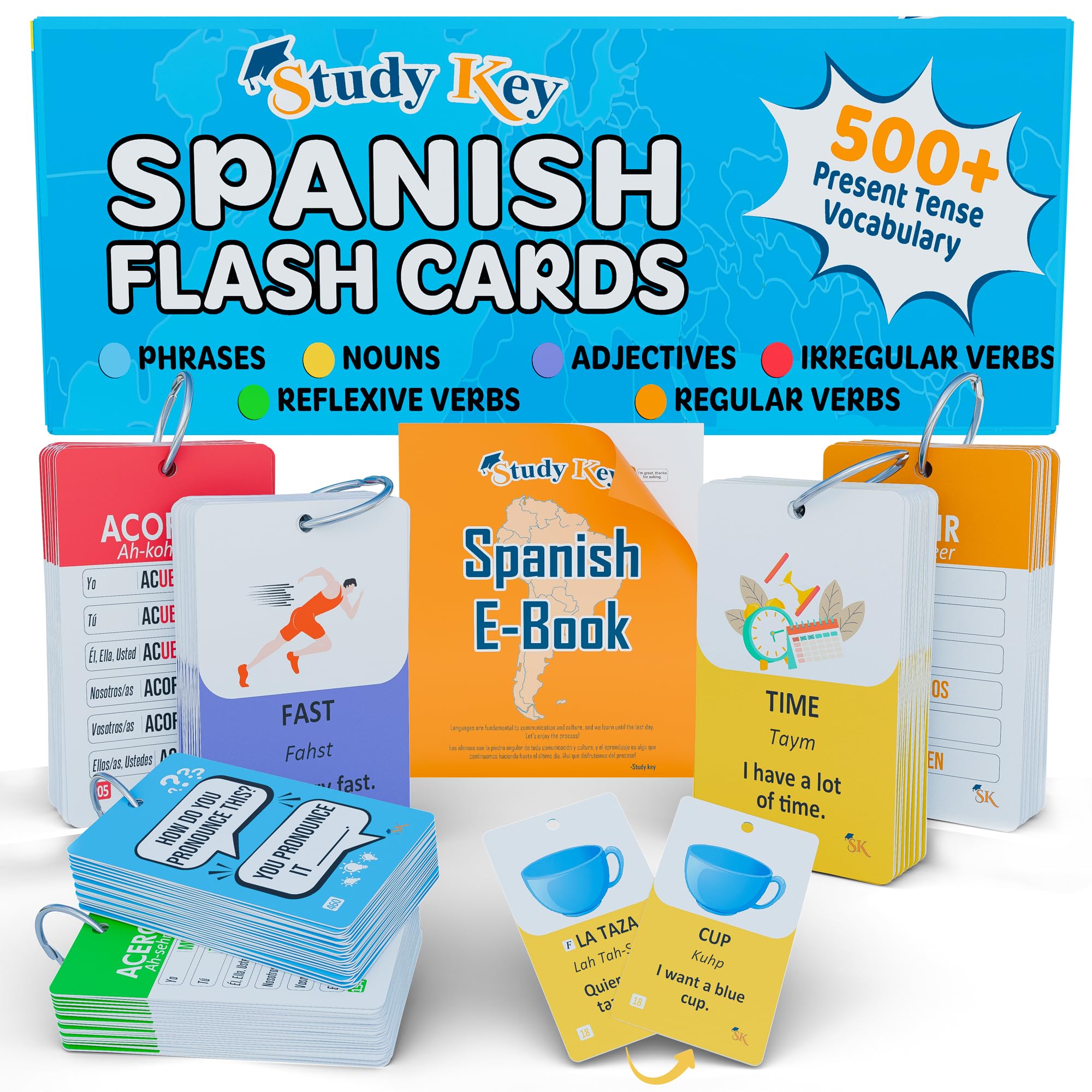 500+ Spanish Vocabulary Flash Cards for Adults & Kids Ages 15+ - Verb Conjugation, Nouns, Adjectives & Phrases to Learn Spanish for Adult Beginners Flashcards