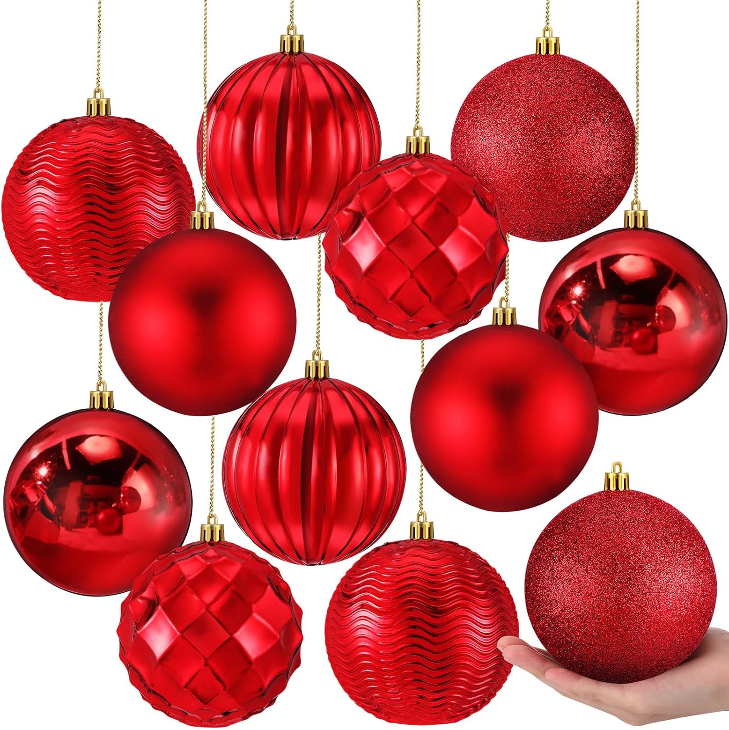 Syhood 12 Pcs 4 Inch Large Valentine Ball Ornament Christmas Tree Decoration Plastic Ornament Set Hanging Xmas Tree Ball for Xmas Holiday Wedding Party(Red)