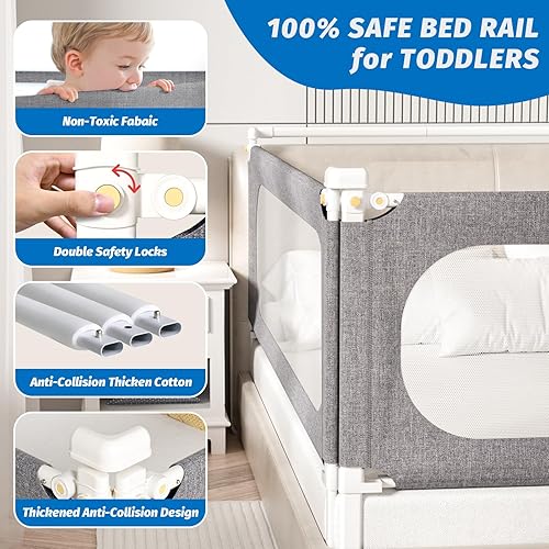 Miniatura 4 de Barandillas de cama de 3 piezas tamaño Queen para niños pequeños, con barra de cabecero, barandillas de seguridad para cama de tamaño Queen (paquete