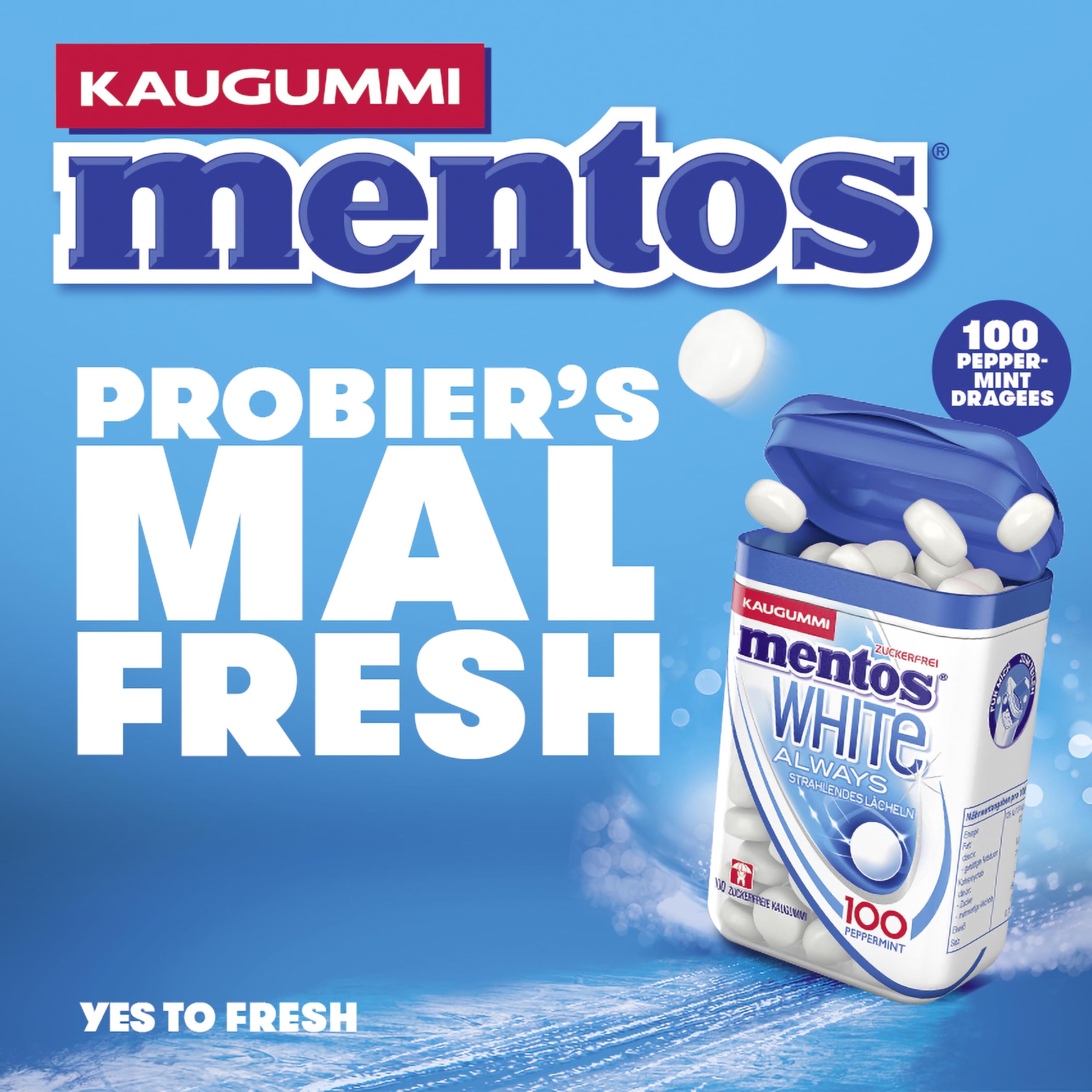 Mentos Kaugummi Always White, 8 XL-Dosen zuckerfreie Chewing Gum Dragees à 100 Stück mit Pfefferminz-Geschmack für strahlendes Lächeln (8 x 100 Stück)