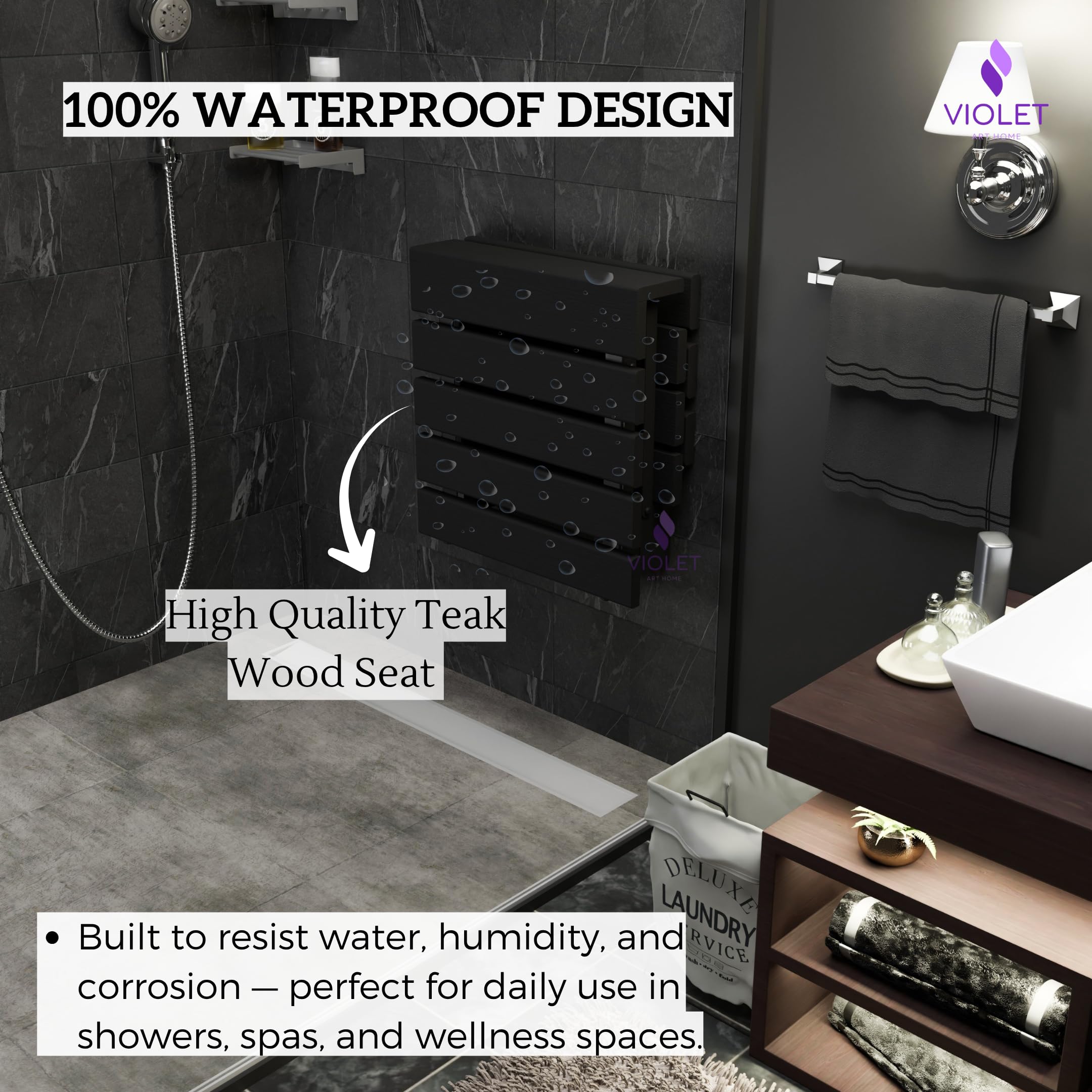 Siège de douche mural pliable en bois de teck avec dossier, tabouret de salle de bain pliable avec pieds, matériaux de qualité supérieure, fabriqué à la main, économie d'espace et chaise super sûre