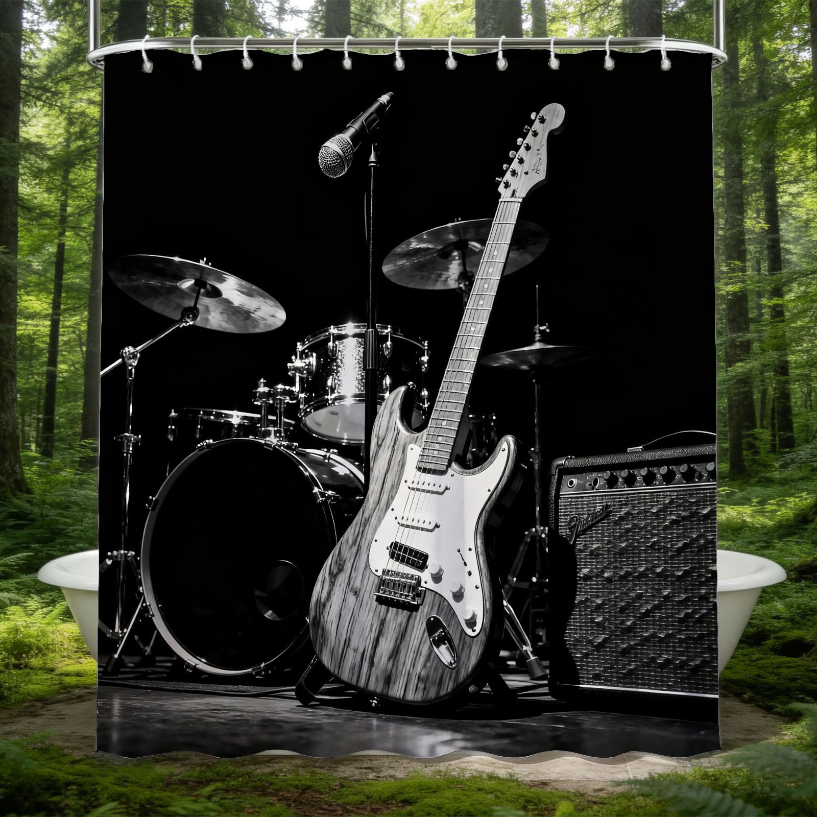 Hongduo 3D Musical Instruments Shower Curtain for Stalls Bathtubs Drum Kit Bathroom Decor Shower Curtain Set Polyester Fabric Waterproof 200x200cm/79X79 Inch with Hooks