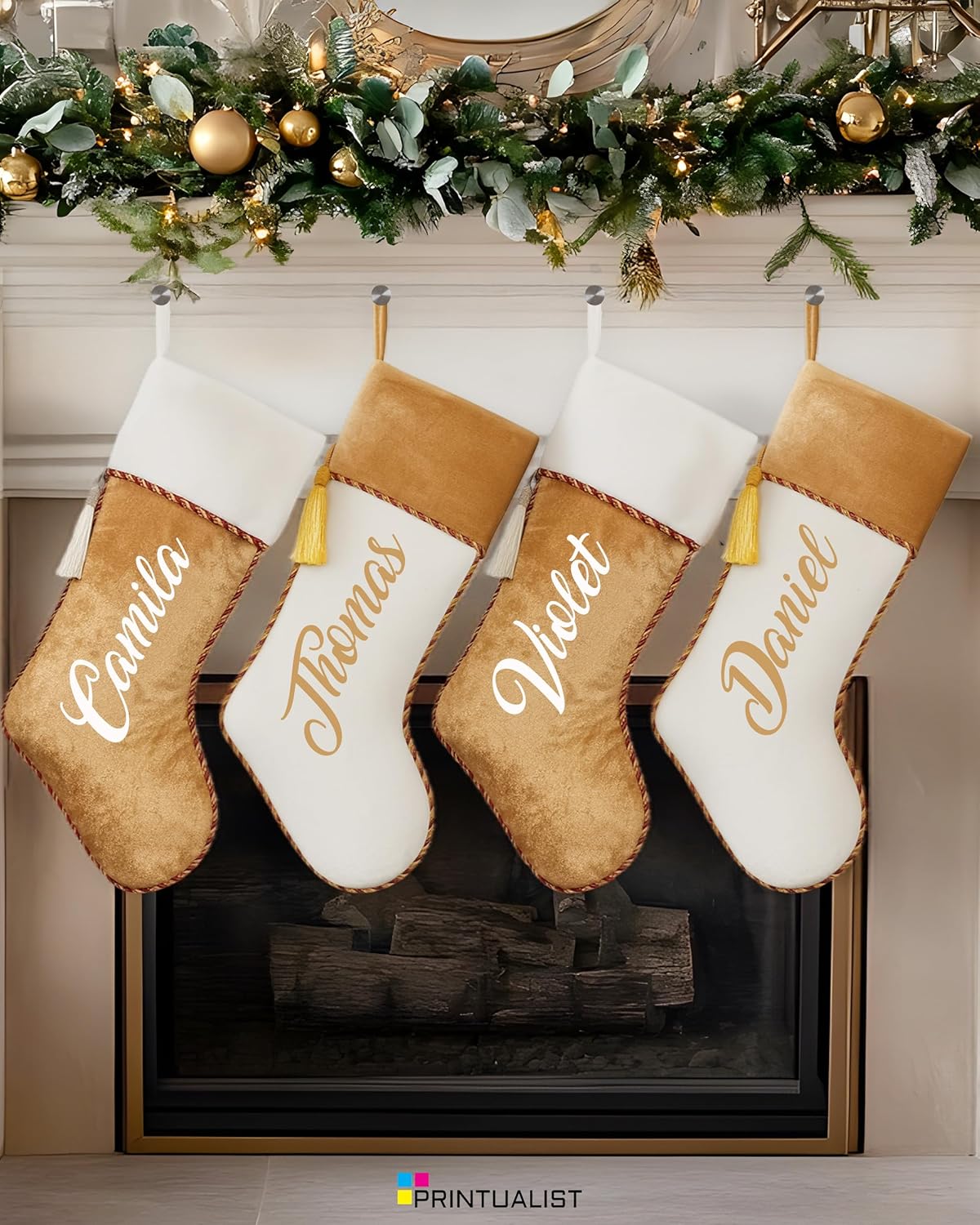 Printualist Personalized White & Gold Velvet Christmas Stockings with Tassel - Custom Farmhouse Holiday Decorations for Family - 4 Pack