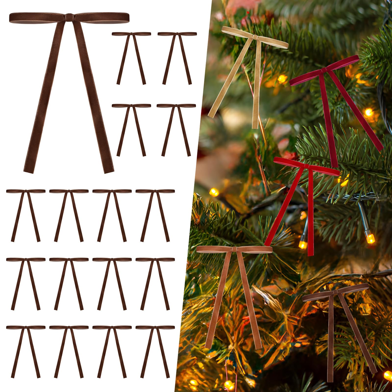 Brown Velvet Ribbon Bows for Christmas Tree 24 PCS Bow Tree Topper 5x7 Inch Velvet Bows Ornaments for Christmas Trees Decorations Gifts Party Door Garland Wreath Decor
