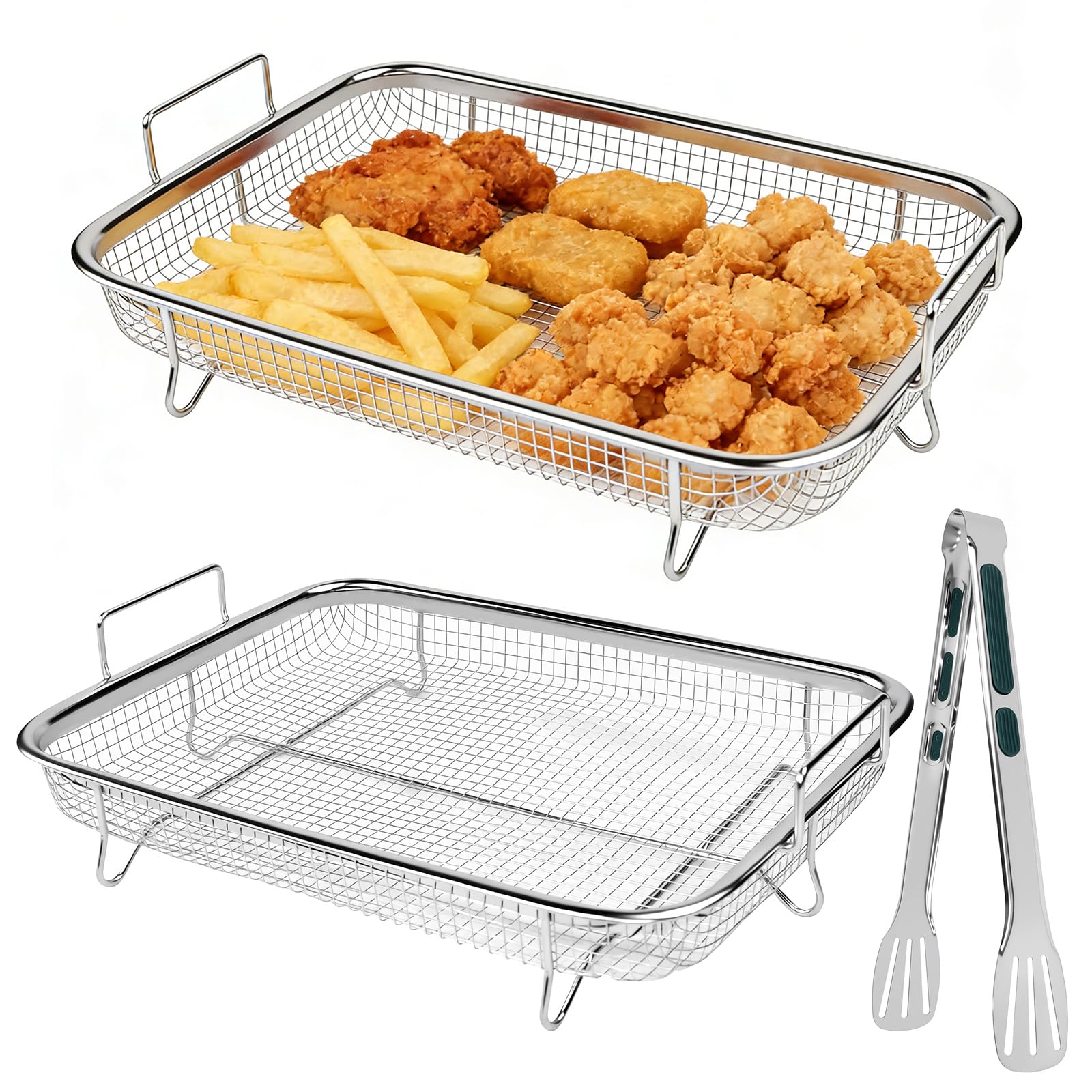 2PCS Cesta para Freidora de Aire, Rejilla Acero Inoxidable Air Fryer, Estantes Freidora de Aire con 1 Pinza para Alimentos, Rejilla de Enfriamiento para Horno, Barbacoa y Asado-30x22,5x 5,2cm