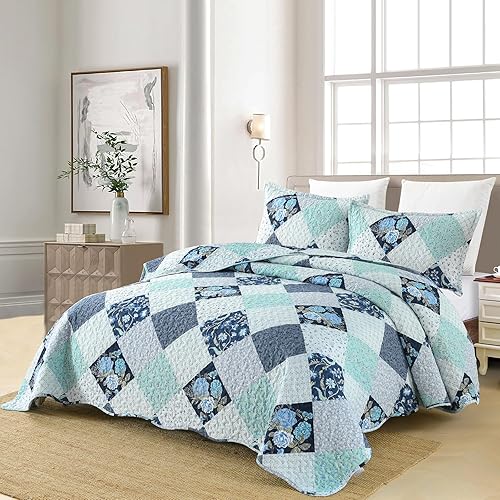 Miniatura 2 de Dinjoy Juego de edredón de retazos a cuadros florales, tamaño King, reversible, azul y verde, juego de ropa de cama de microfibra suave y ligera,