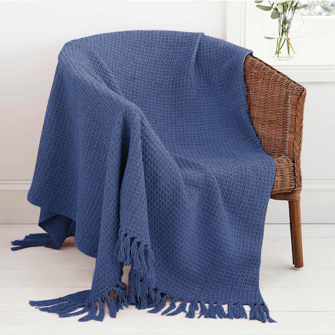 Mehar Bedding 100% Cotton Woven Honeycomb Plain Waffle Textured Chair Sofa Setee Bed Throw Tasselled Edge (NAVY, King (259cms x 259cms)) — image 1