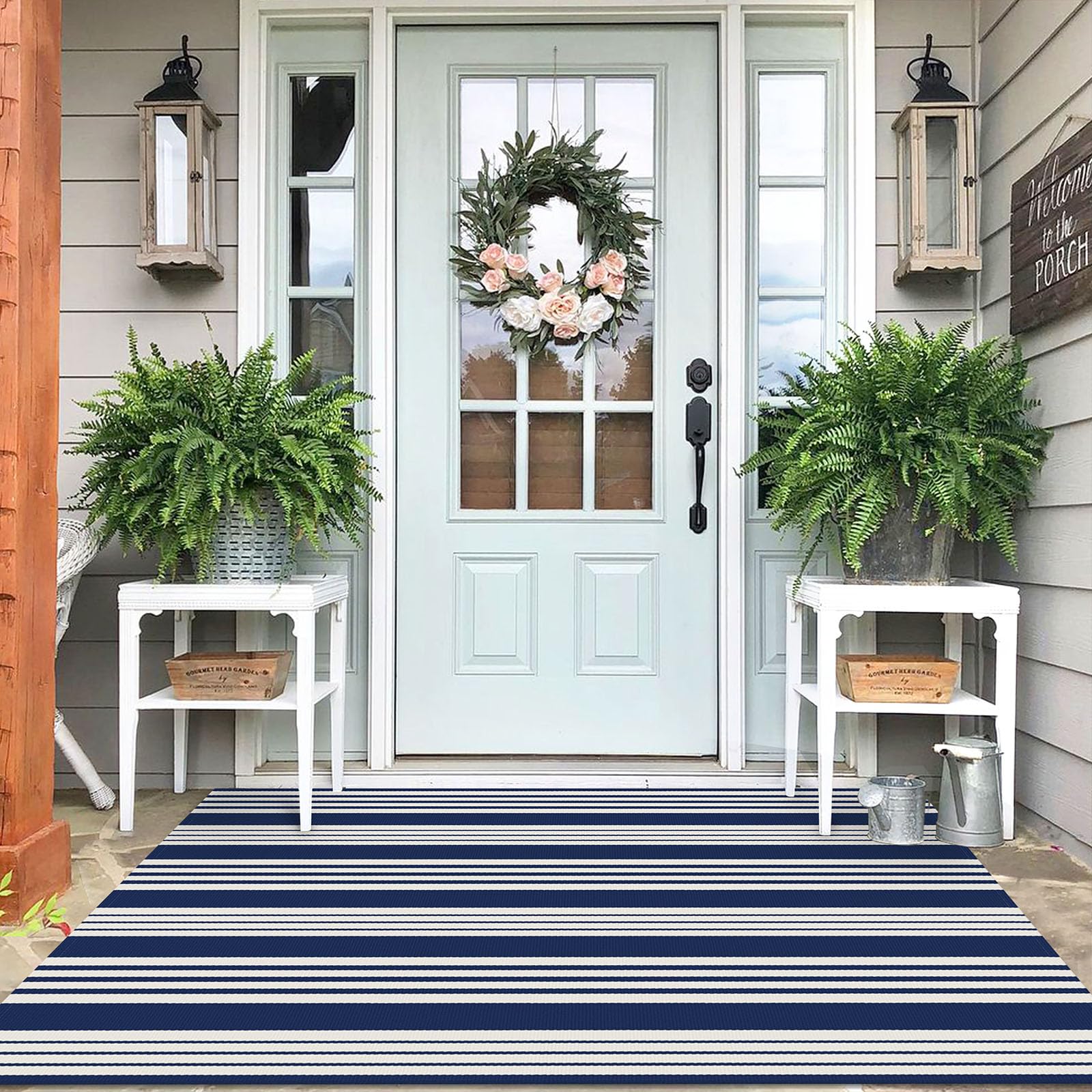 IOHOUZE Tappeto a righe blu navy e bianco, 1,2 x 1,8 m, tappeto lavabile per doppia porta d'ingresso, grande tappeto da patio per esterni ed interni, zerbino per ingresso portico