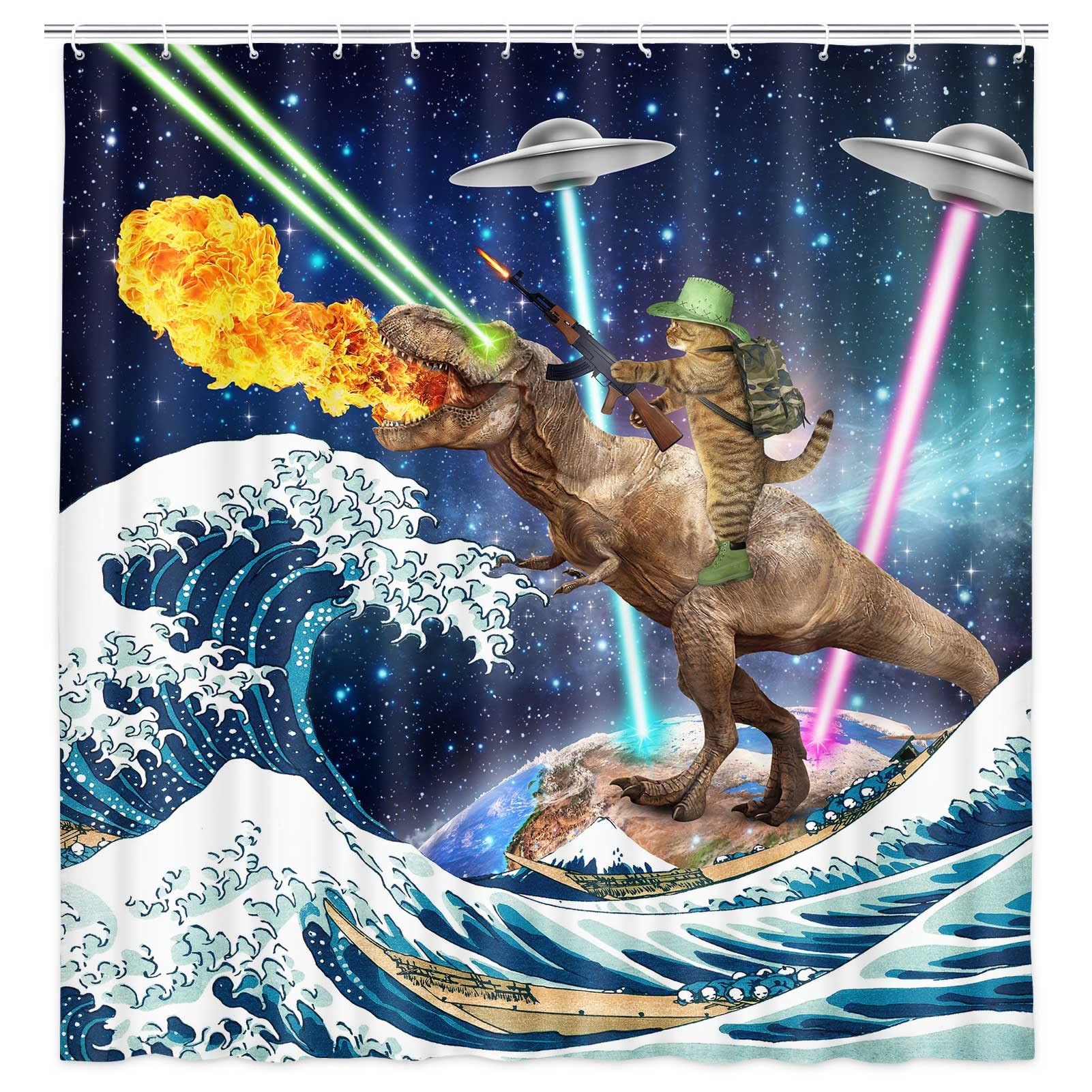 Lustiger Katzen-Duschvorhang, coole Katze, reitender Dinosaurier, japanische Ozeanwelle, Badzubehör für Kinder, Weltraum, Galaxie, lustiges Kinderzimmer-Badezimmerzubehör, 183x183 cm