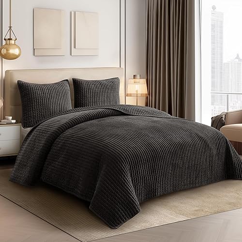 Miniatura 2 de SHALALA NEW YORK Juego de edredón de pana de 3 piezas, tamaño Queen, funda de cama a rayas, colcha acogedora con 2 fundas de almohada a juego, juego