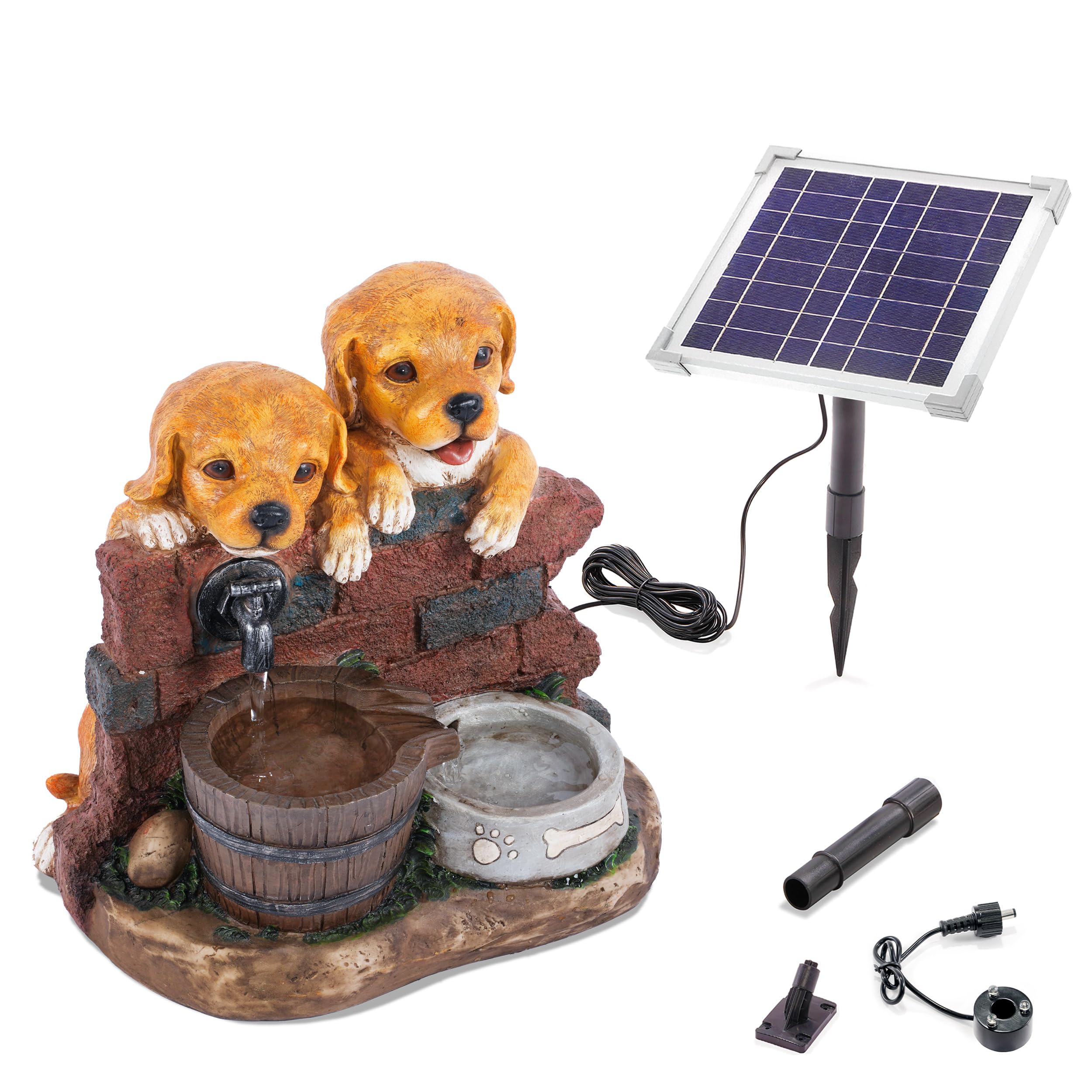 esotec Solarbrunnen Hundewelpen Milo & Buddy, Komplettset, Solarmodul, Akku, 3m Kabel, Erdspieß und Wandhalterung, Springbrunnen Wasserbrunnen Outdoor 101335