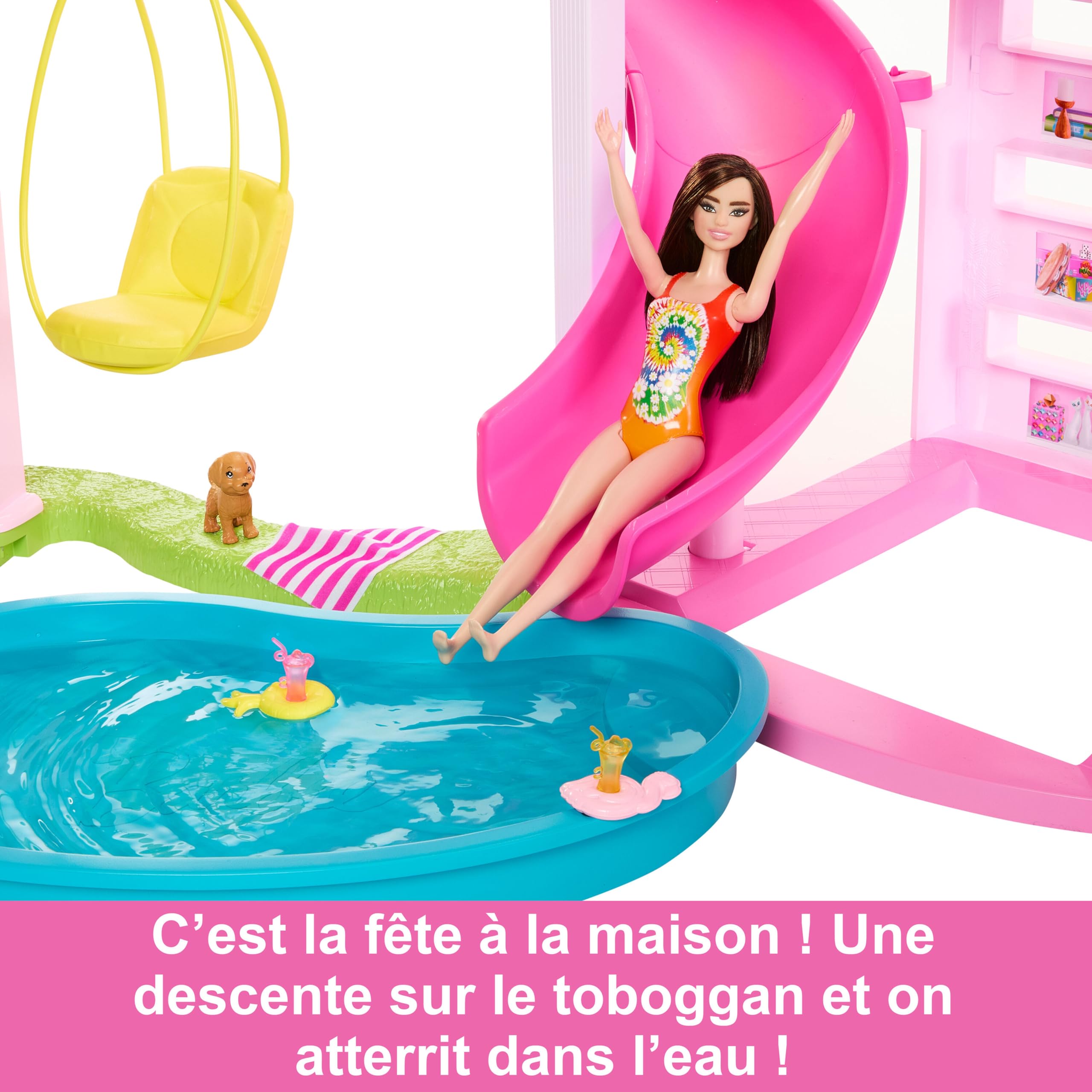 Barbie Coffret Maison de Rêve Poupée Mannequin, Design en Spirale sur 3 Niveaux, 10 Espaces de Vie Inclus Piscine, Toboggan, et Ascenseur, 75Accessoires Inclus,Jouet pour Enfant de 3 ans et Plus,HMX10