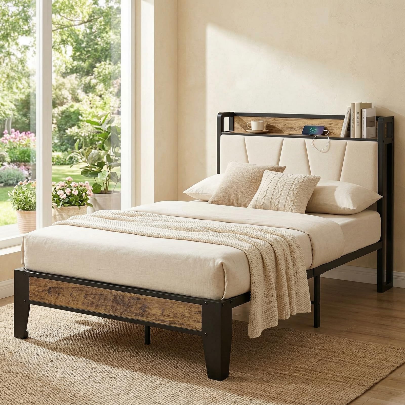 LIKIMIO Twin Bed Frames, Storage Headboard with Charging Station, Solid and Stable, Noise Free, No Box Spring Needed, Easy Assembly (Walnut and Beige)