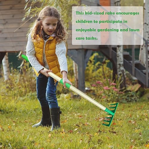 Miniatura 3 de Rastrillo de dientes de jardín para niños, rastrillo pequeño pesado con púas de metal, 28.8 pulgadas28.7 in de longitud, mango de madera, para
