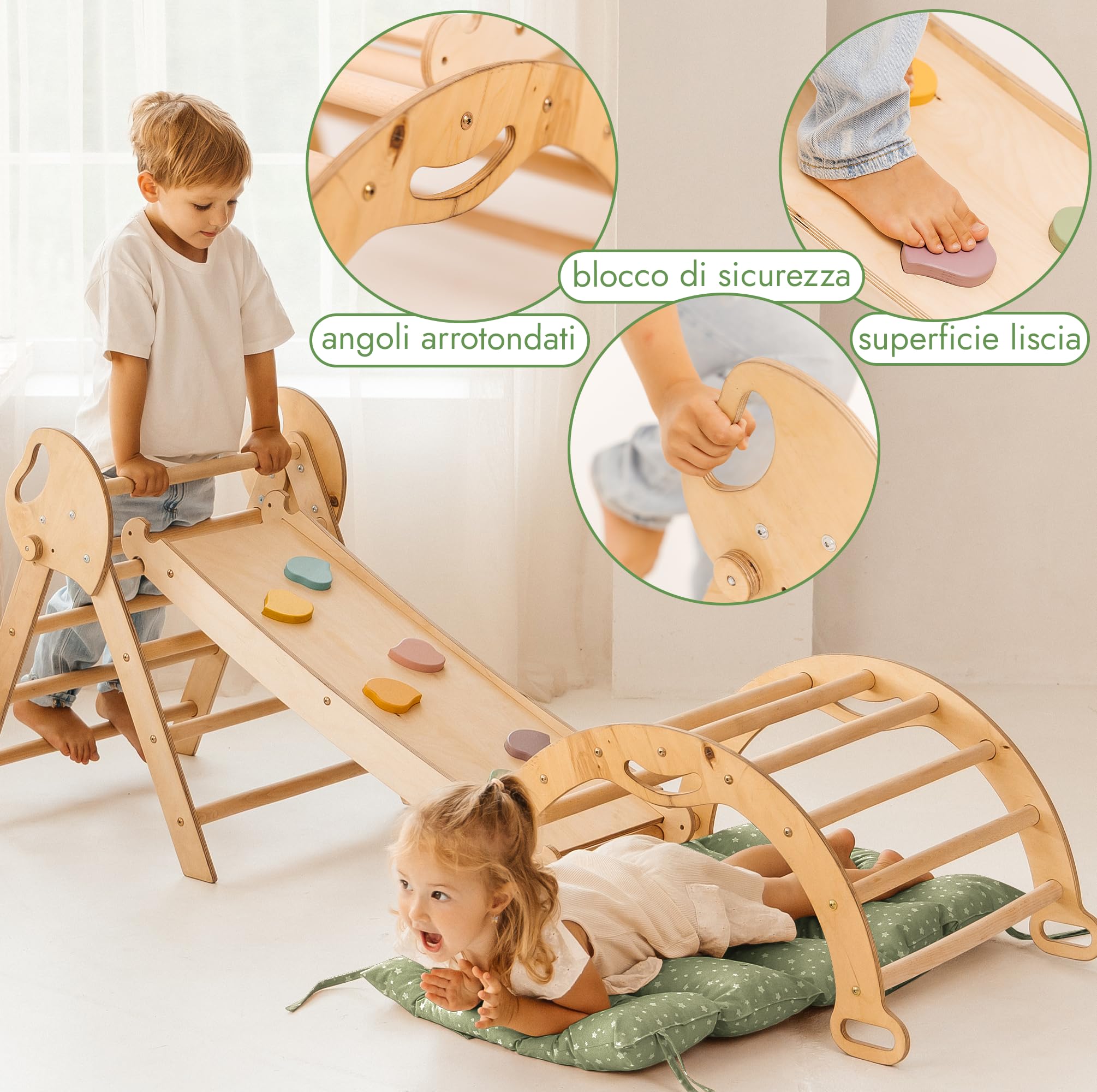 Goodevas 5-in-1 Telaio da Arrampicata per Bambini - Scala a Triangolo, Arco per Arrampicata, Balance Board e Cuscino, Telaio da Arrampicata Montessori, Palestra in Legno per Bambini da 1 a 3 Anni