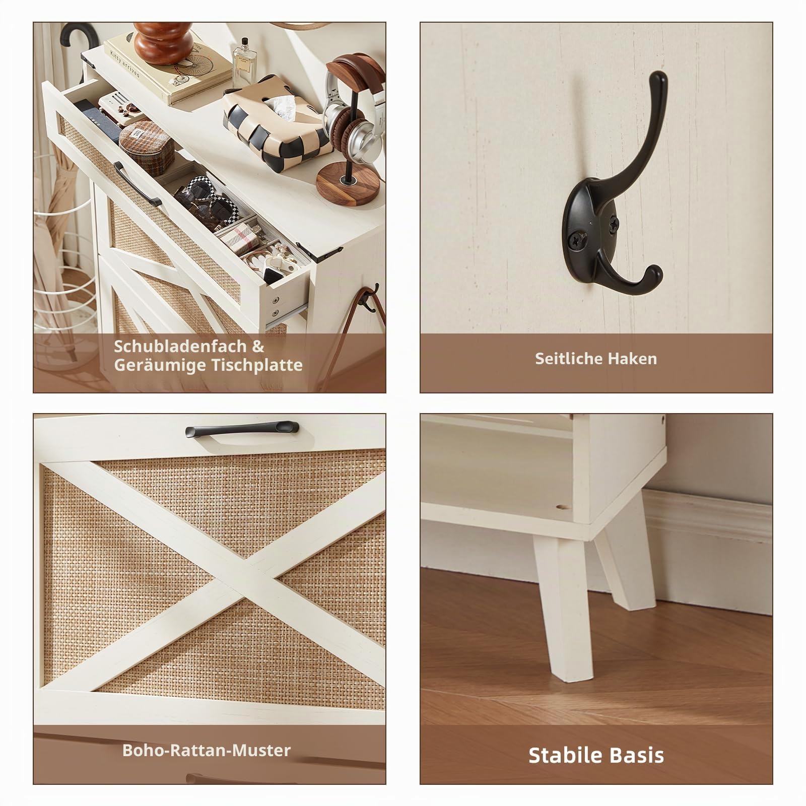 LELELINKY Schuhschrank Für den Schmaler Rattan Eingangsbereich, Weiß | Boho, für 16–20 Paar Schuhe, 2 verstellbaren Doppel-Klappschubladen, großen Schubladen, 80x24x113 cm (L x B x H)