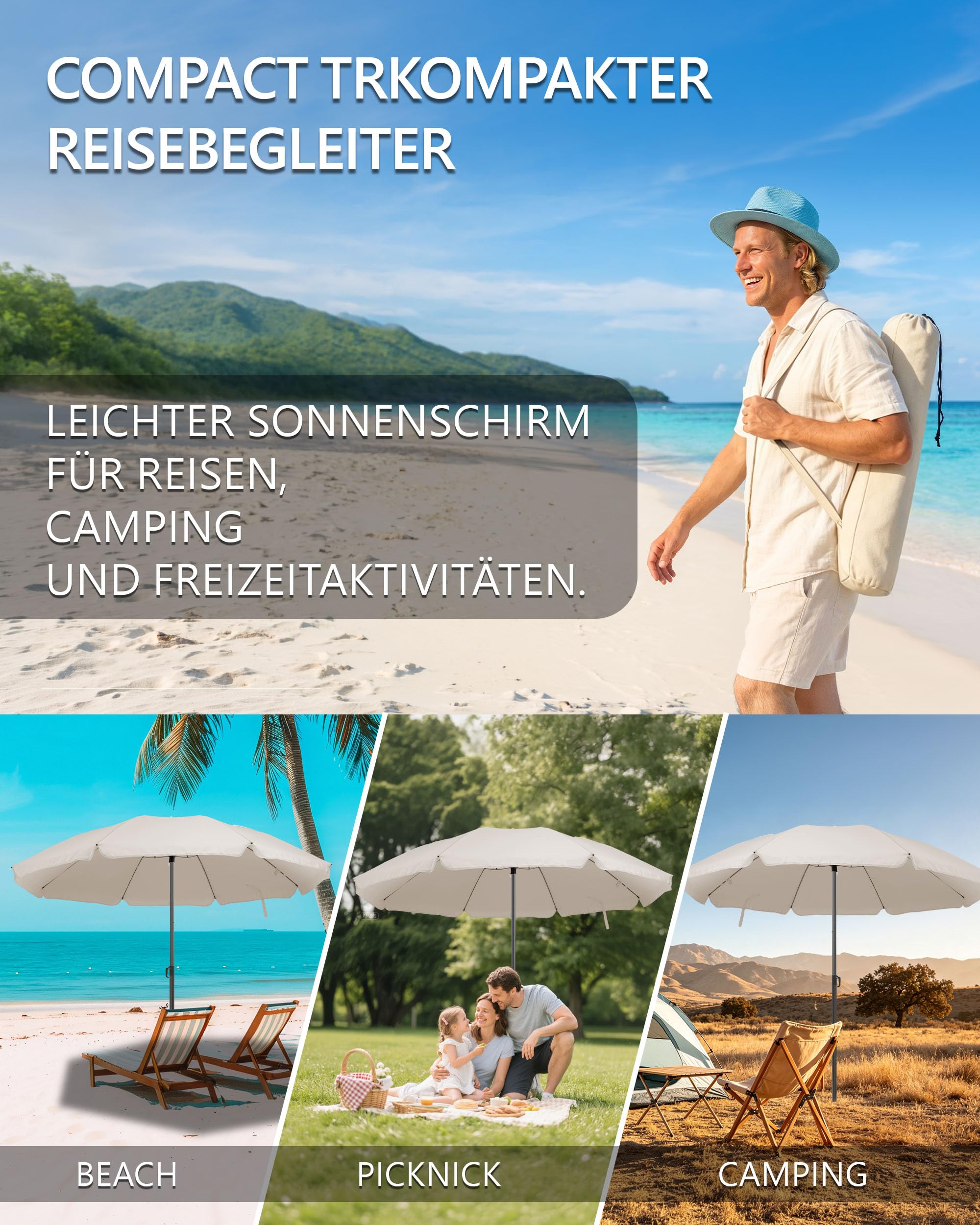 Menz Sonnenschirm Strand Ø 160 cm - Funktioneller Reise Sonnenschirm UPF 50+ für Koffer - Praktischer Strandschirm klein faltbar, kompakter Strandschirm koffertauglich