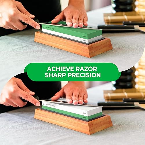 Miniatura 5 de Piedra para afilar cuchillos de primera calidad, 2 lados de gravilla 3000/8000 | Ideal para la cocina | Base de hule antiderrapante y piedra