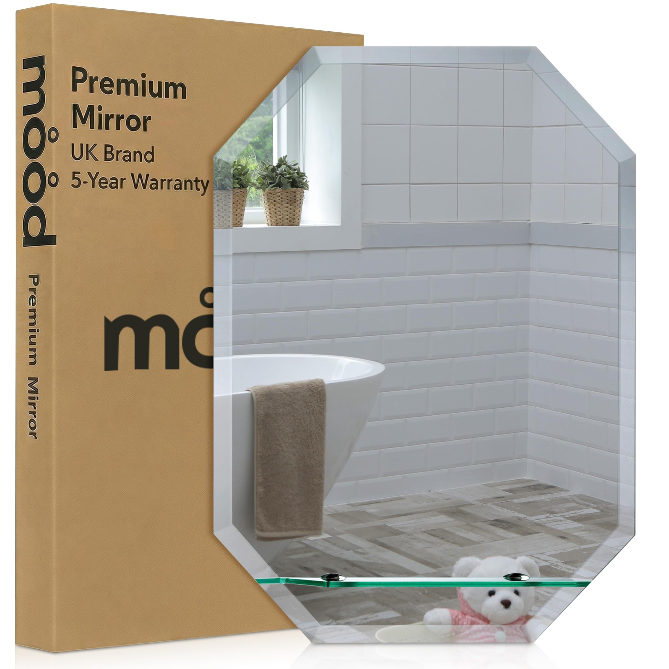 Neue Design With Shelf Mood® Premium Octagonal Bathroom Mirror Anti-Rust Wall Mounted Bevelled Frameless Mirrors, Toilet Bedroom Hallway (60Cm X 45Cm)