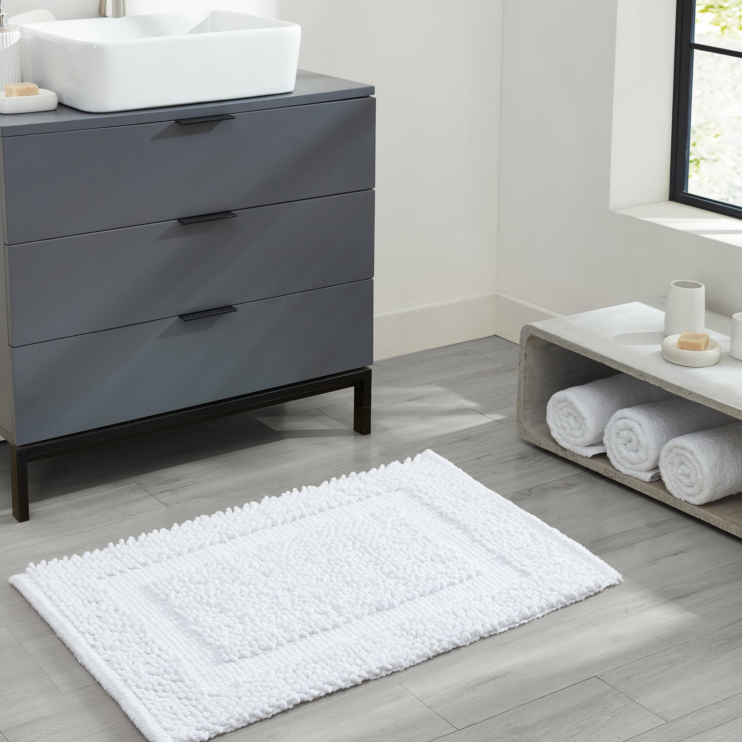 Jean Pierre New York Alfombra de baño Antideslizante de 100% algodón de Chenilla, 17 x 24 pulgadas/20 x 32 Pulgadas, Color Blanco