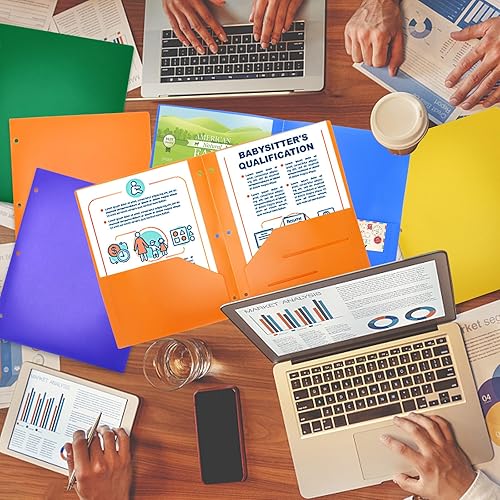 Miniatura 5 de Paquete de 6 carpetas de plástico con bolsillos, 3 agujeros perforados, resistentes con 3 agujeros perforados para carpetas de 3 anillas, carpetas