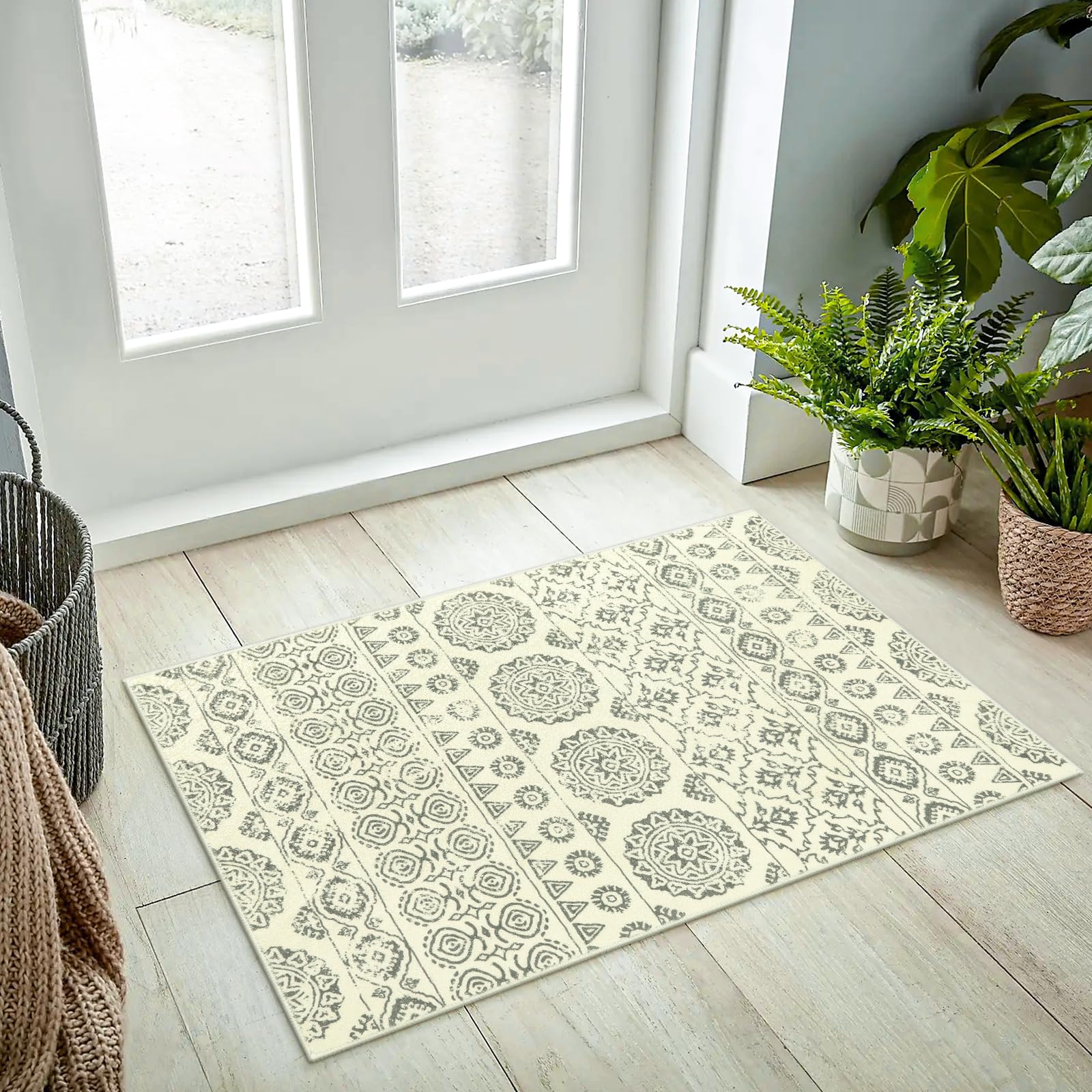 Lanffia Boho Geometric Area Rug - 2x3 Distressed Small Entryway Rug Bohemian Faux Wool Non-Slip Throw Rugs Washable Low-Pile Floor Carpet for Indoor Kitchen Bathroom Porch，Beige/Dark Grey