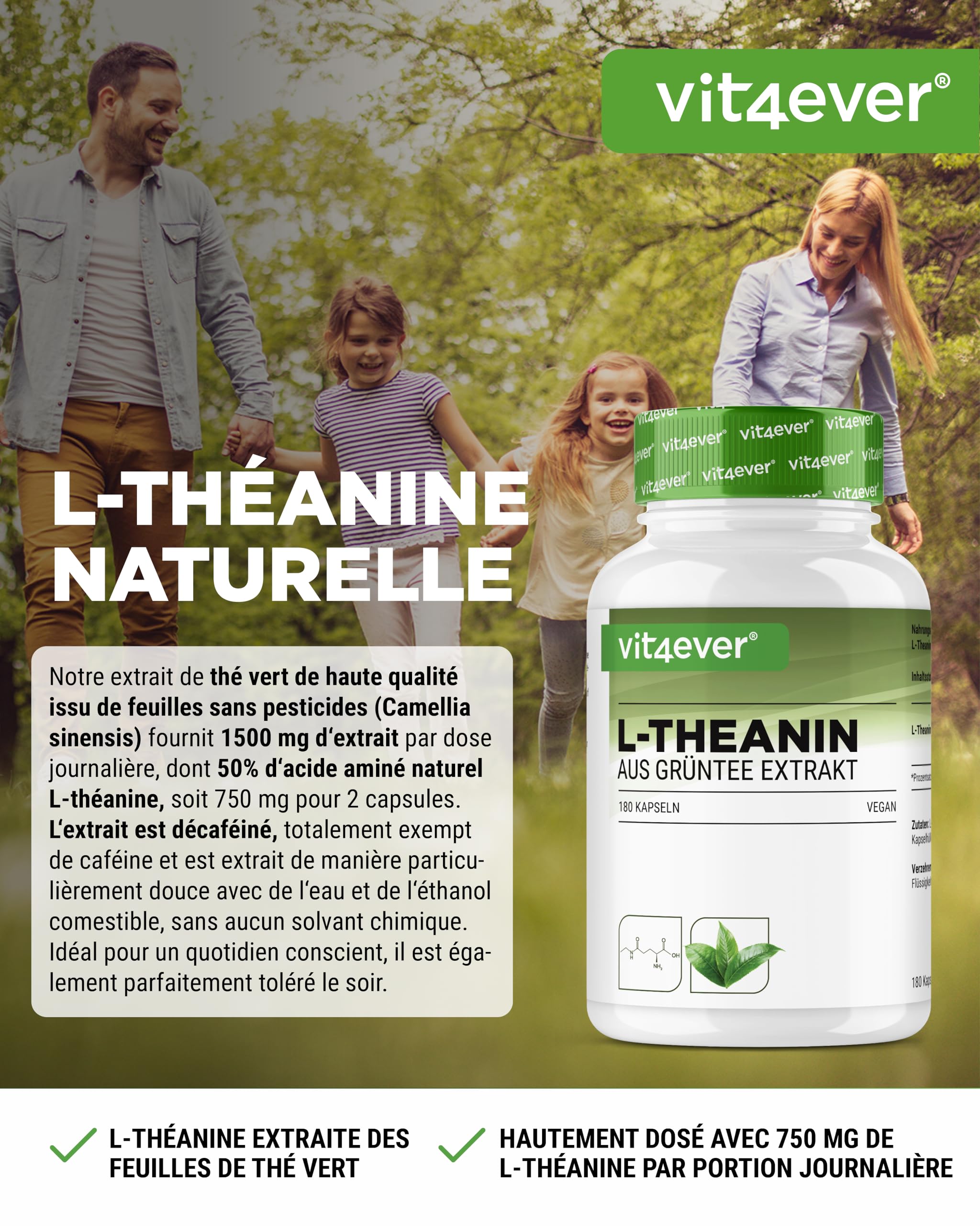 L-Théanine - 180 Gélules - 750 mg par Portion Journalière - à partir d'Extrait Naturel de Thé Vert - Hautement Dosé - Végétalien