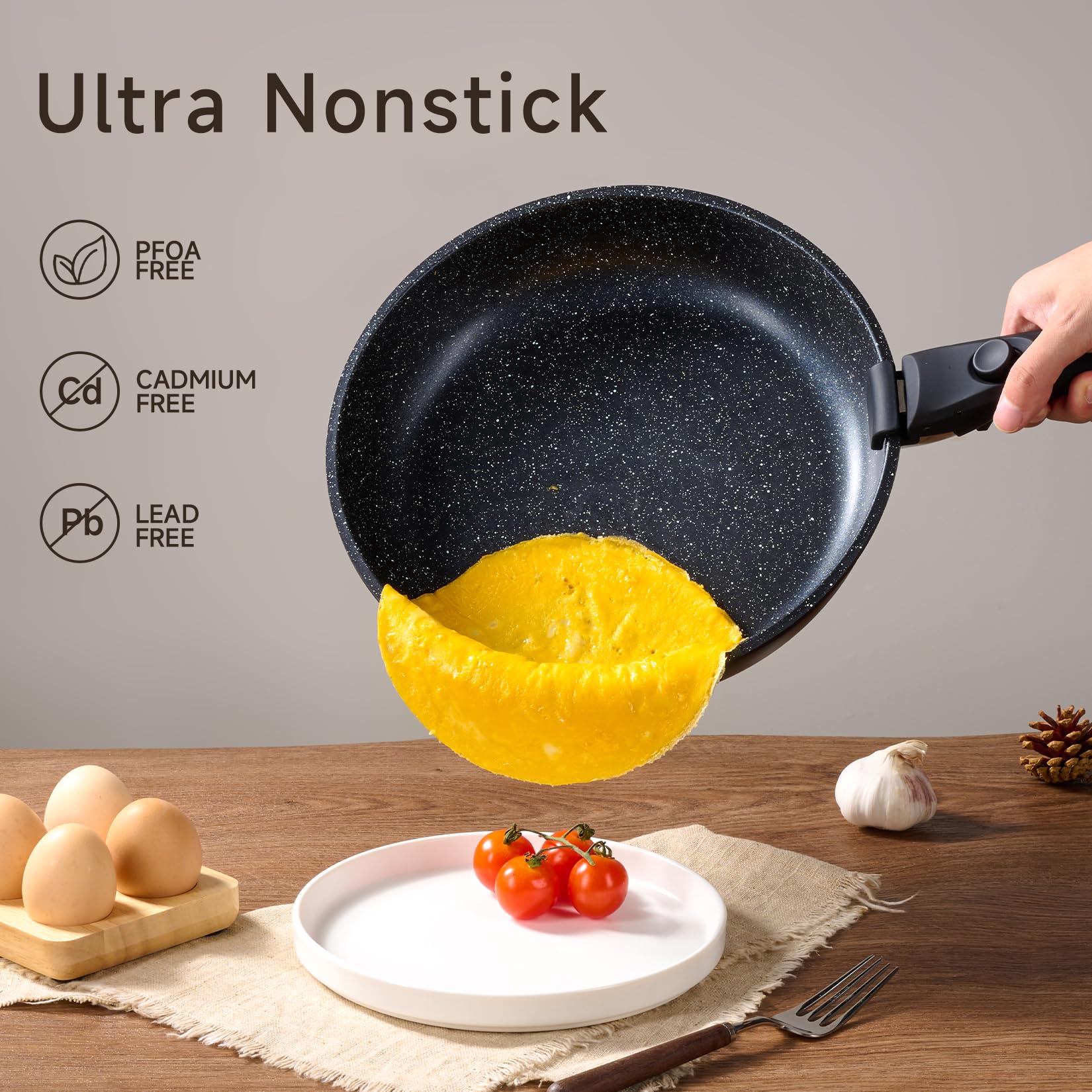 JEETEE Set Pentole Induzione 25 pezzi, Set Padelle Antiaderenti con Manici Rimovibili, Padelle 20/26cm, Padella Profonda 26cm, Casseruola 18/20cm, Padella Grill 26cm, Impilabile, Adatto ai Forni