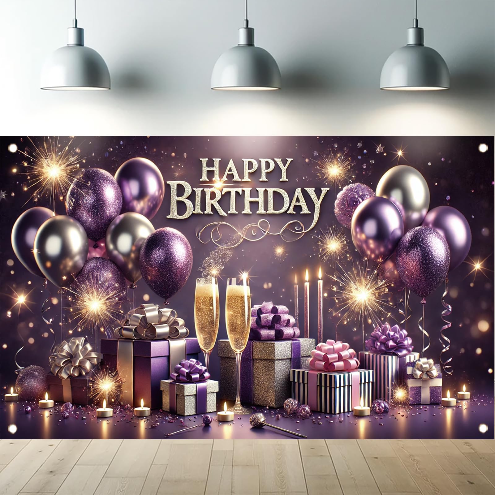 Starlit Patio Golden Purple Happy Birthday Backdrop Banner Balloon Elegant Gifts Photography Background Birthday Women Lady Bday Party Decorations