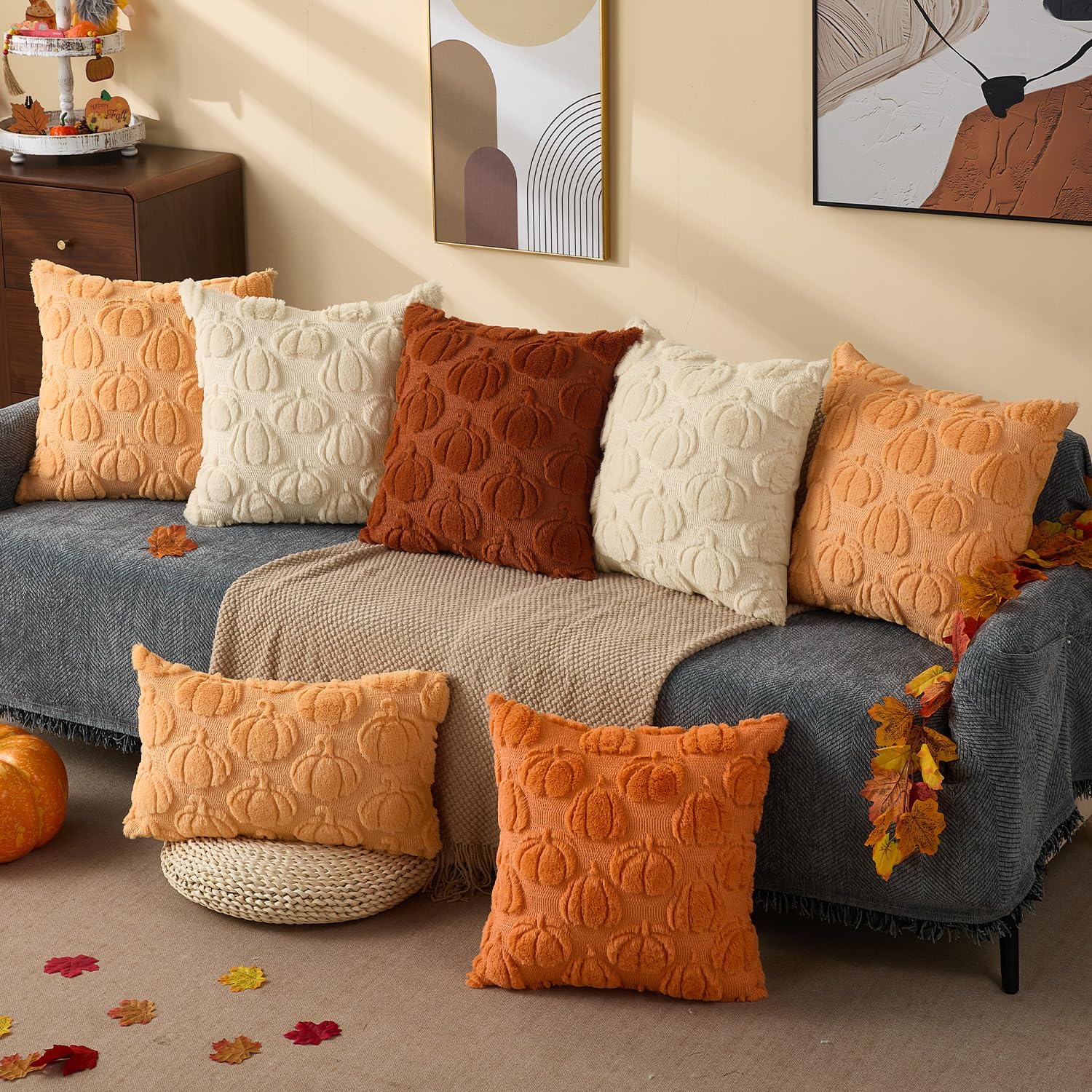 DFXSZ Fall Pillow Covers 20x20 Set of 2 Fall Decorations Autumn Rust Pumpkin Throw Pillow Cases Soft Plush Faux Fur Wool Couch Cushion Case for Chair Sofa Living Room Home Decor PTK045D20