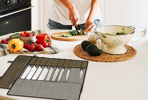 Miniatura 28 de Rollo de cuchillos, organizador de estuches para cuchillos, lona encerada duradera con forro resistente a cortes, 5 bolsillos (caqui) Caqui