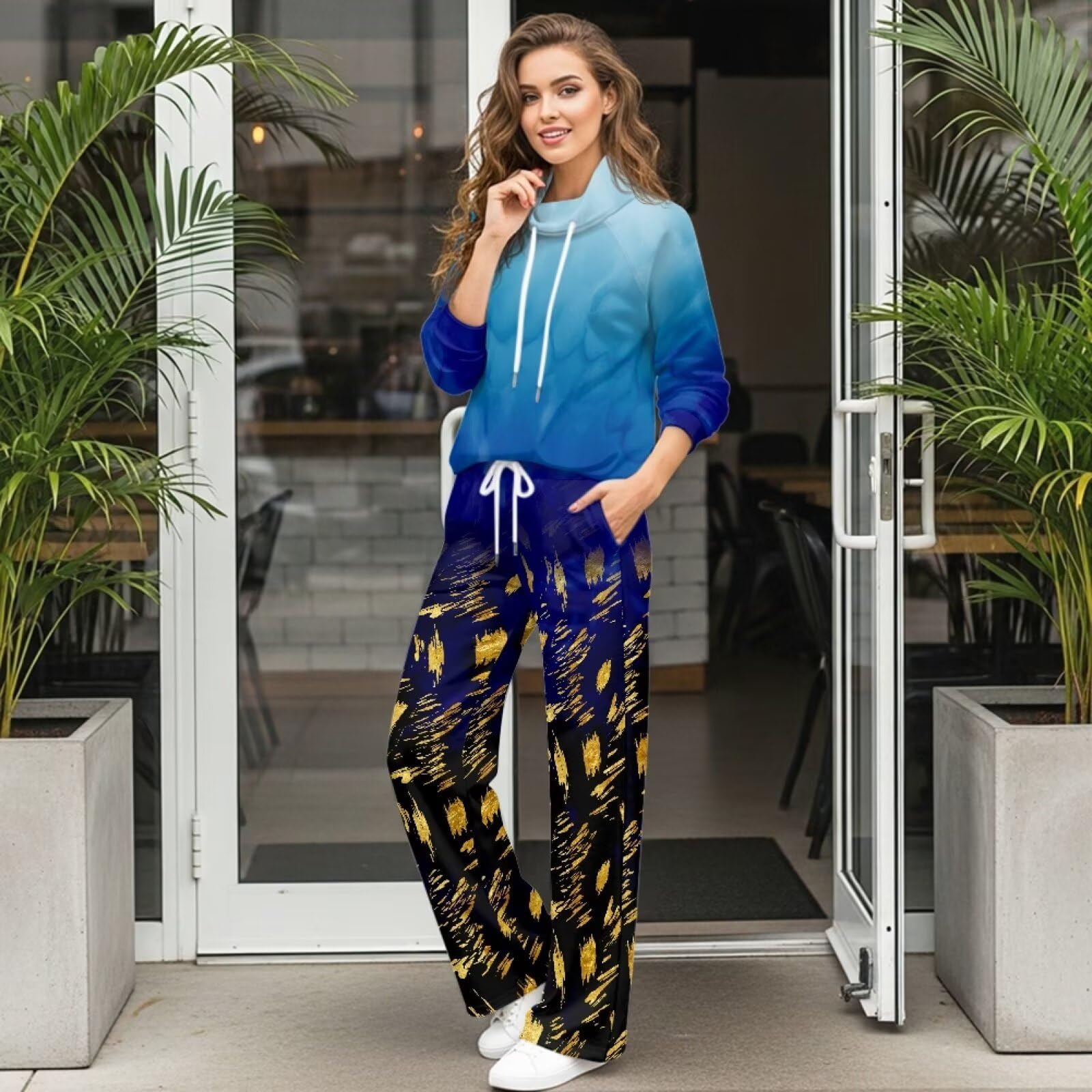 Xoenoiee Conjunto de 2 piezas con estampado de teñido anudado azul para mujer, conjunto de chándal de moda para otoño, sudadera de manga larga y pantalones deportivos de pierna ancha a juego, talla XS