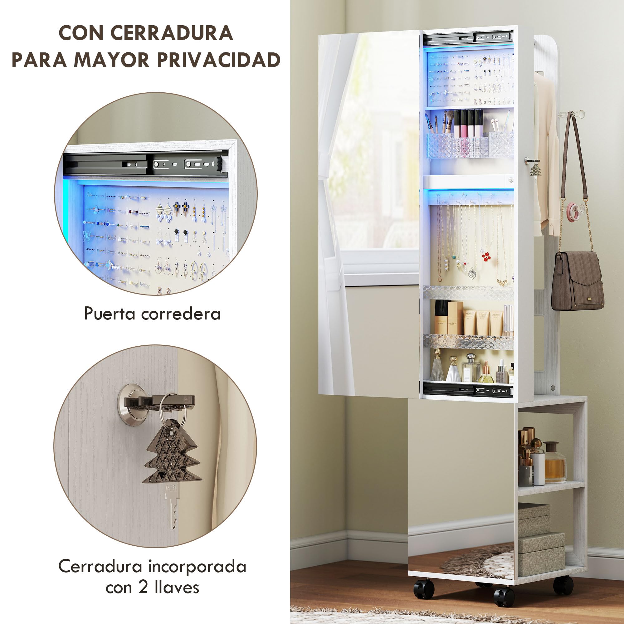 HOMCOM Espejo Joyero con Luces LED 3 Colores, Armario Joyero Giratorio 360° con Espejo sin Marco, Perchero, Cerradura con Llaves, Compartimentos, Blanco Beige