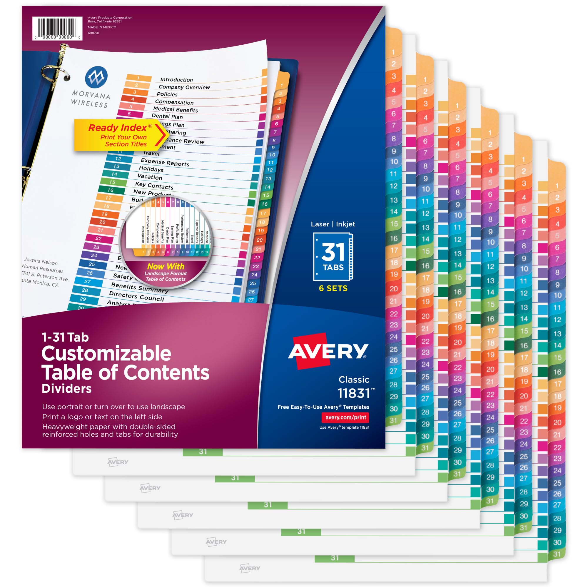 Avery 1-31 Tab Dividers for 3 Ring Binders, Customizable Table of Contents, Multicolor Tabs, 6 Sets (11831)