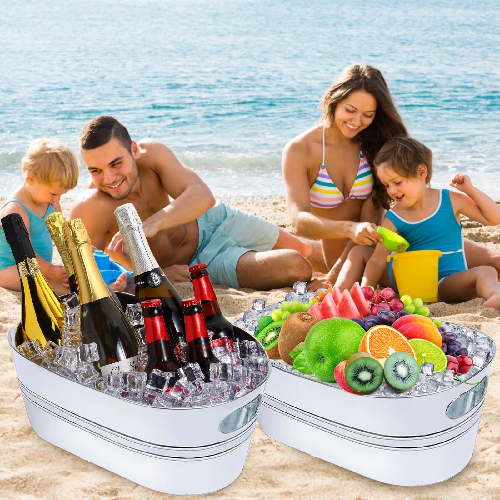 Verzinkter Eiskübel, groß, verzinkt, mit Schaufeln, Eiskübel für Partys, Mimosen, Bar, Zubehör mit Tragegriffen, Metall-Getränkewanne für Champagner, Cocktails, Bier, Getränke, Wein, 4 Stück