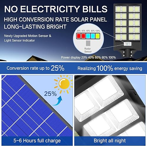 Miniatura 3 de Farola solar de 8000 W, luz solar de calle para exteriores de altos lúmenes, luces solares de estacionamiento de 6500 K, luces solares con sensor de