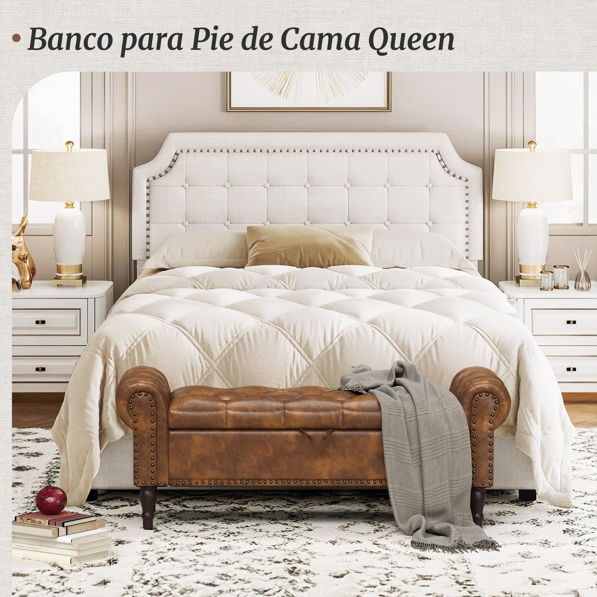LUE BONA 130cm Banco de Almacenamiento,Banco Descalzadora Almacenaje Otomana PU con Tapa de Bisagras, Patas Madera y Reposabrazos Enrollados,para Dormitorio Entrada Pasillo,130 X 43 X 50 cm,Marrón