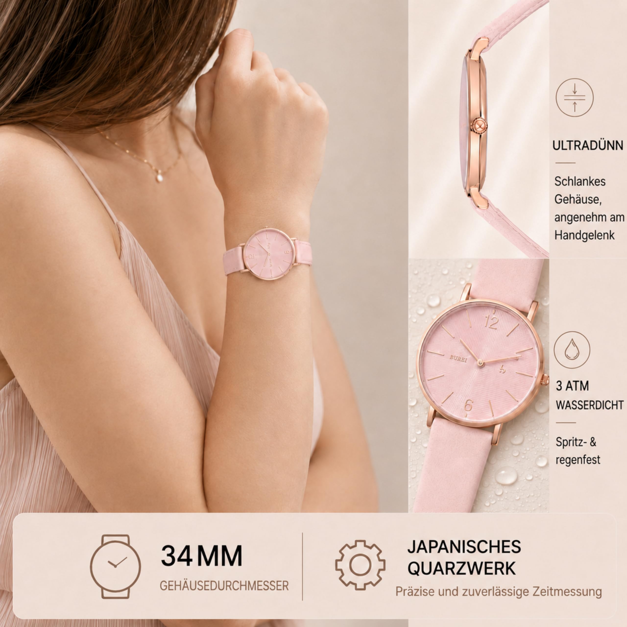 BUREI Ultradünne Damenuhr Minimalistisches Japanisches Klassisch delstahl Armbanduhr Damen Geschenke für Frauen