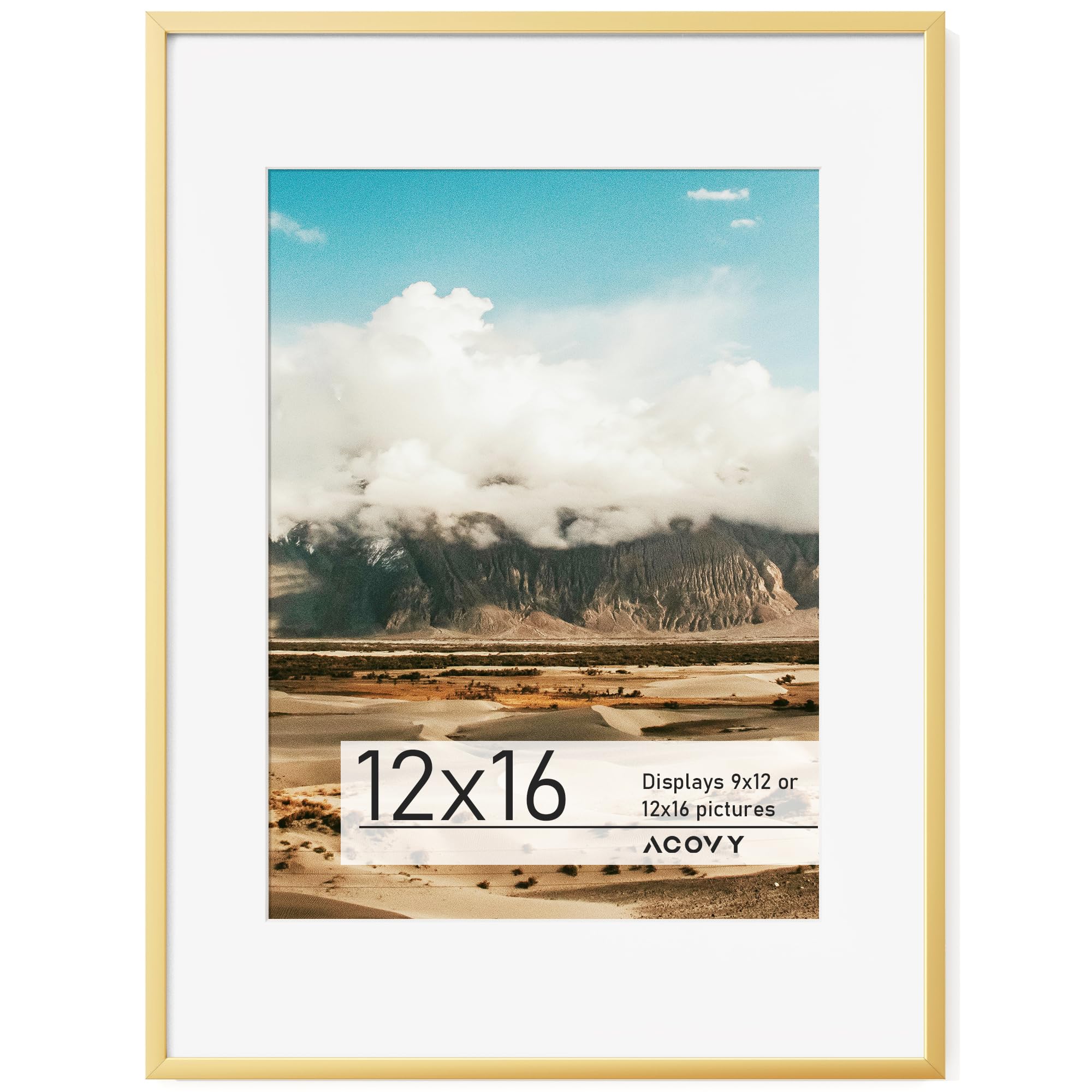 Acovy, 12x16 Aluminum Picture Frame with White Color Mat for 9x12, HD Tempered Glass, Metal Poster Frame Photo Frame for Wall Display (Gold, Pack of 1) — image 1