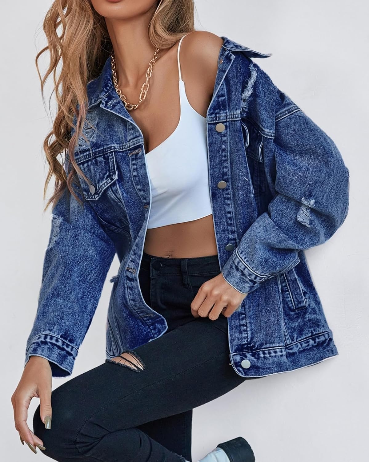 LifeShe Women's long oversized denim jacket boyfriend ripped distressed jean jackets coat - Image 4