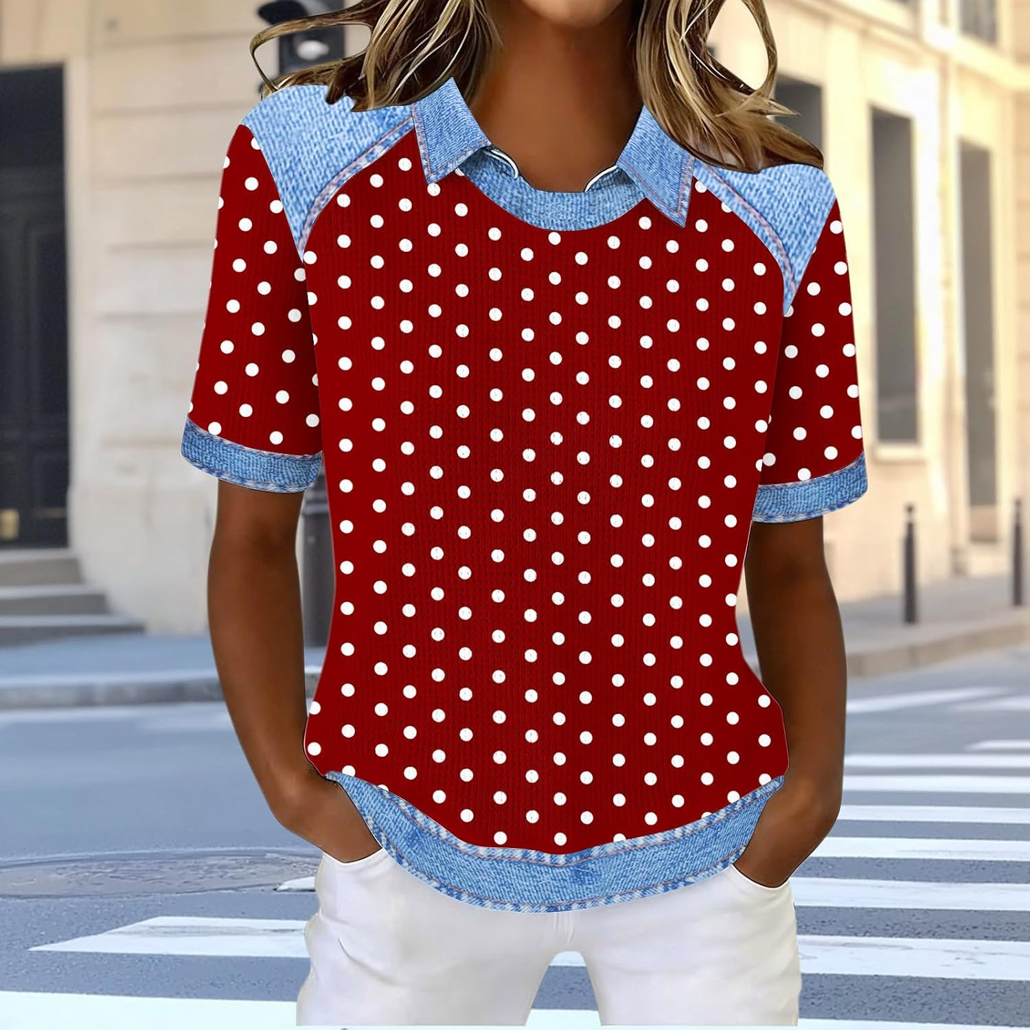 Women's Short Sleeve Shirts Patchwork Polka Dot Business Casual Lapel Collared Tops Summer Spring Loose Fit Blouses