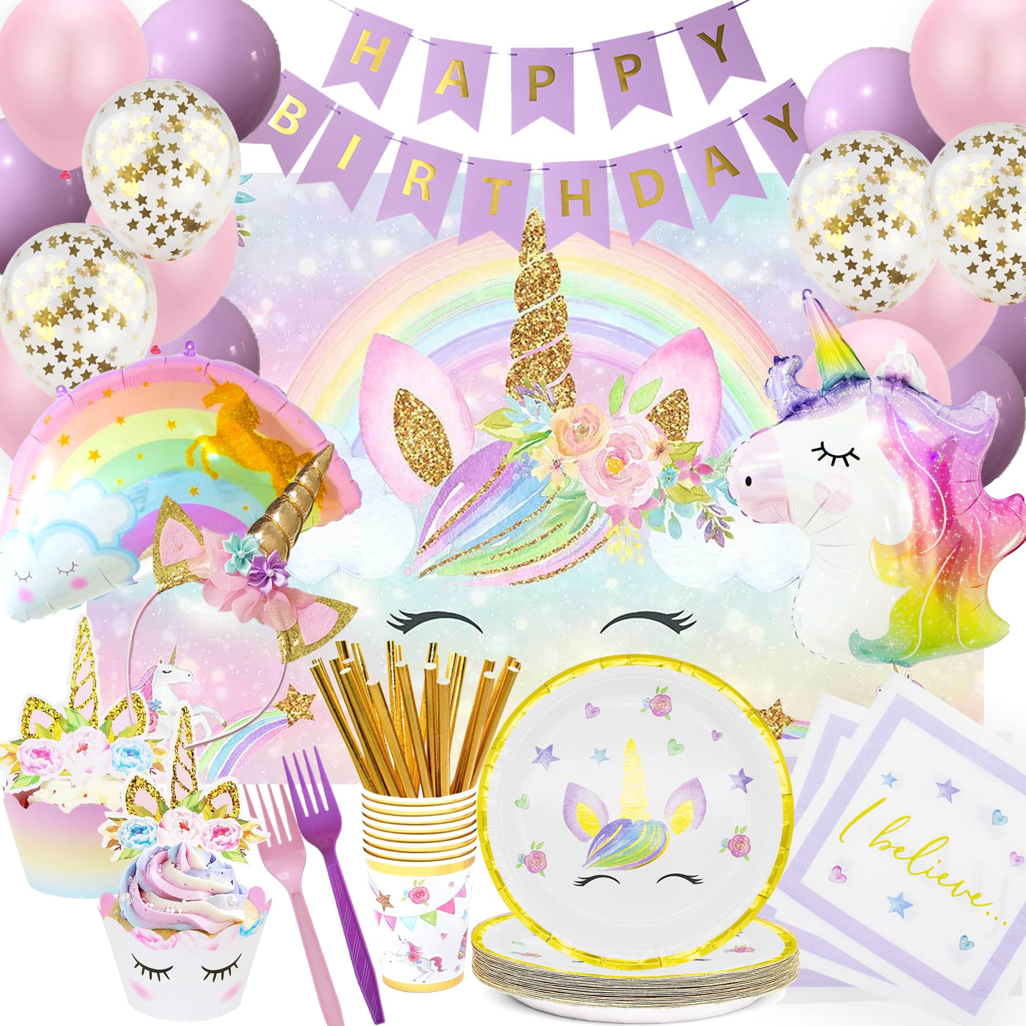 Unicorn Birthday Party Decorations, Unicorn Birthday Supplies for Girls - Rainbow Balloons Banner Backdrop Headband Cupcake Cake Toppers Wrappers Bday