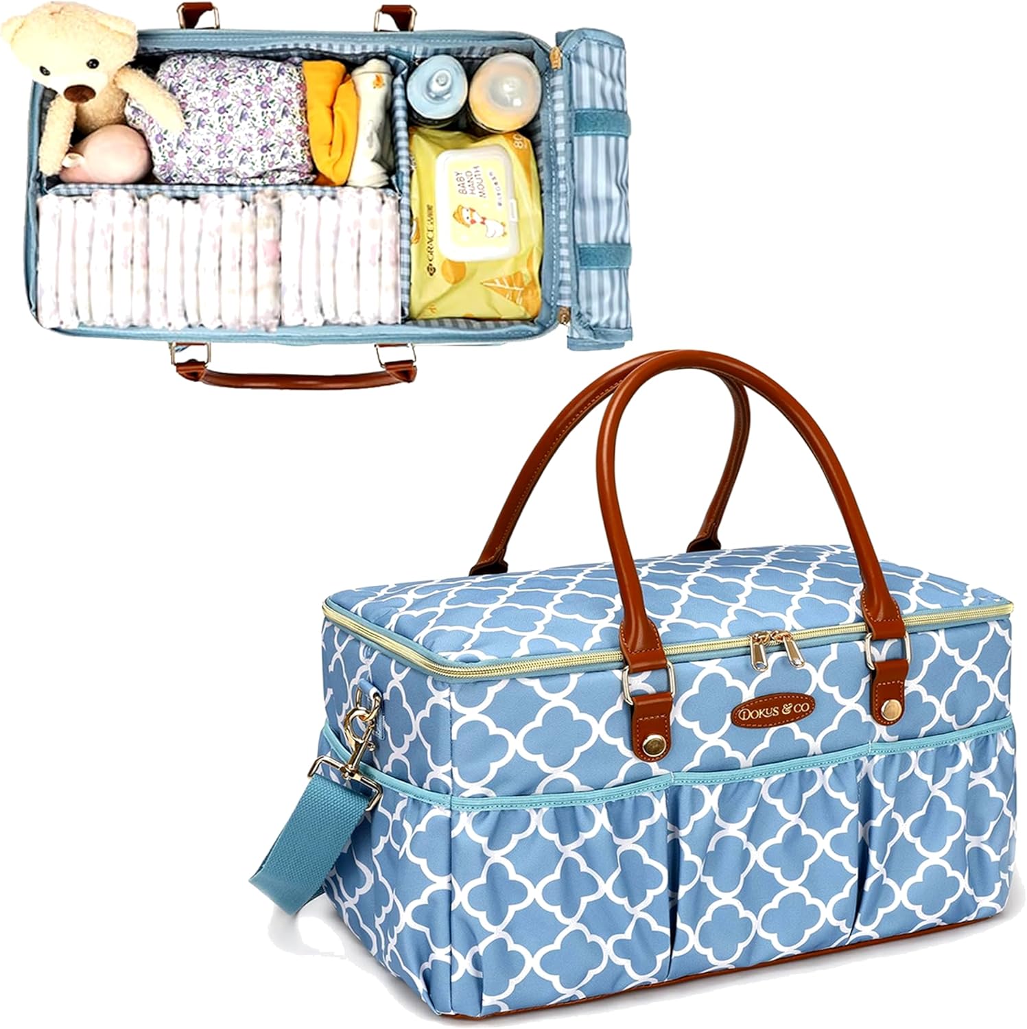 DOKUS & CO. Luxe Diaper Tote, Extra-Large Collapsible Baby Caddy for Home, Travel & Car, Giftable Elegant Hospital-Ready Diaper Bag for Moms – Blue Moroccan DOKUS & CO. Luxe Diaper Tote, Extra-Large Collapsible Baby Caddy for Home, Travel & Car, Giftable Elegant Hospital-Ready Diaper Bag for Moms – Blue Moroccan